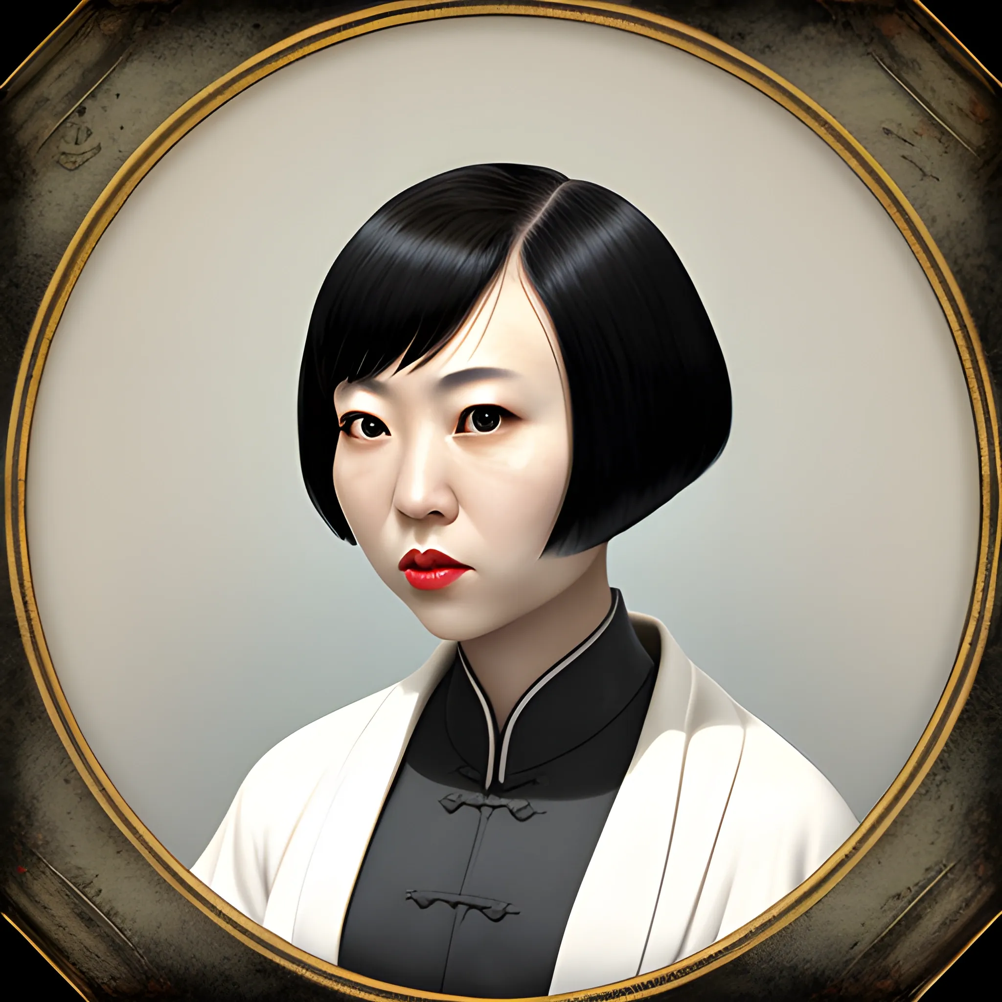 In the style of fallout 1, (masterpiece), (portrait photography), (portrait of an adult Chinese female), no makeup, flat chested, white robes, bob-cut hairstyle, black hair, black eyes