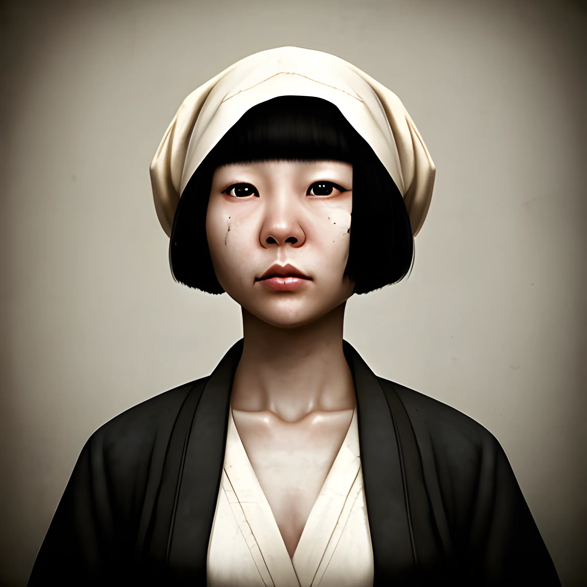 In the style of fallout 1, (masterpiece), (portrait photography), (portrait of an adult Chinese female), no makeup, flat chested, homeless clothes, dirty white robes, bob-cut hairstyle, black hair, black eyes