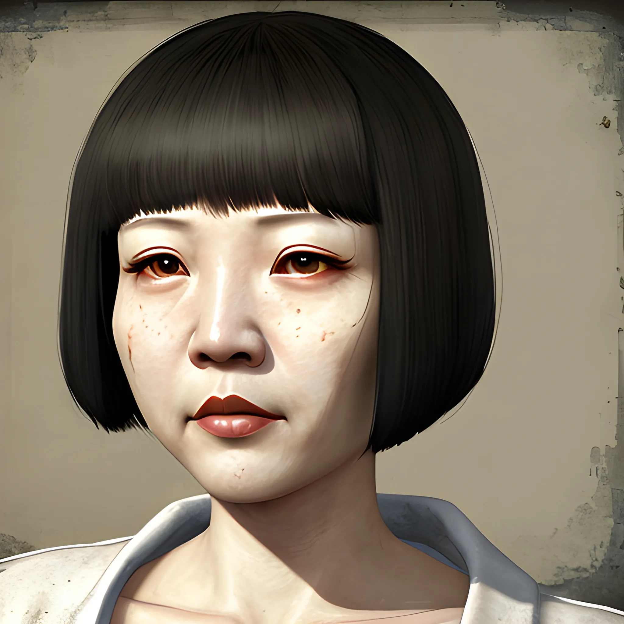 In the style of fallout 1, (masterpiece), (portrait photography), (portrait of an adult Chinese female), no makeup, flat chested, homeless clothes, dirty white robes, bob-cut hairstyle, black hair, black eyes