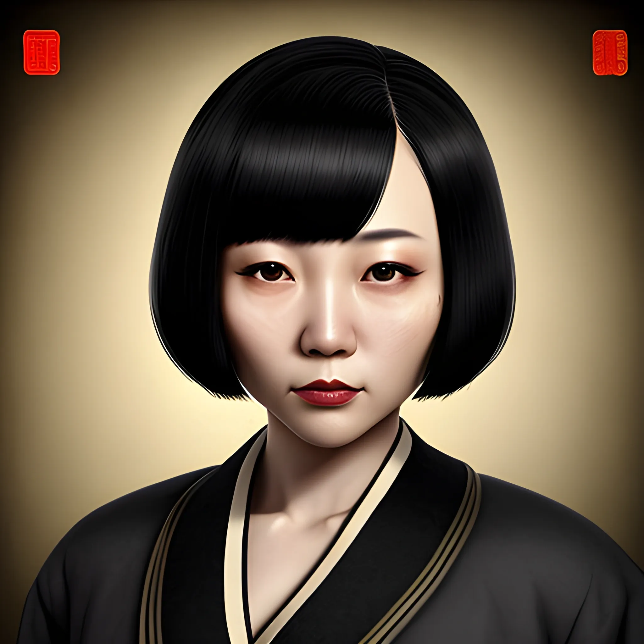 In the style of fallout 1, (masterpiece), (portrait photography), (portrait of an adult Chinese female), no makeup, flat chested, felt robes, bob-cut hairstyle, black hair, black eyes