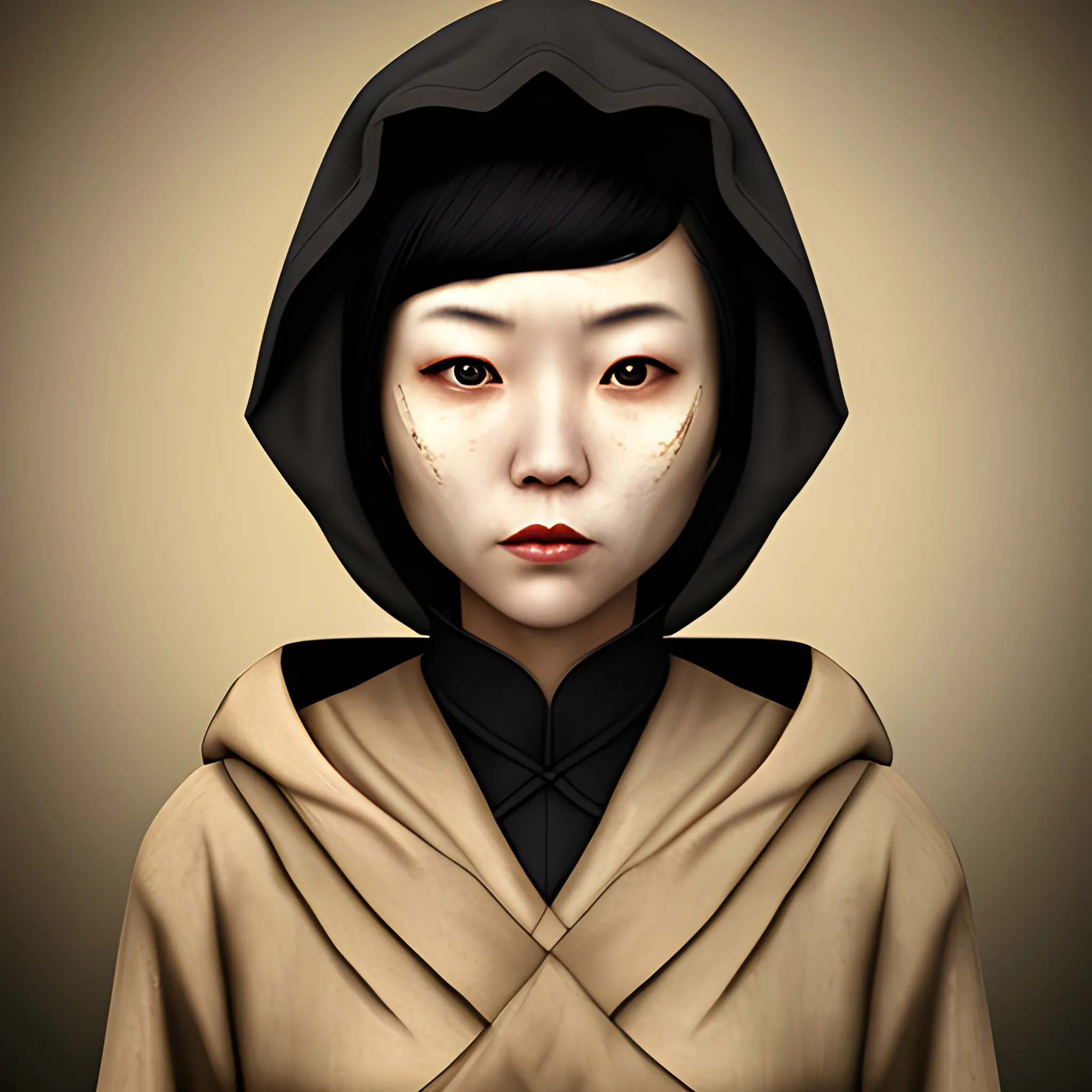 In the style of fallout 1, (masterpiece), (portrait photography), (portrait of an adult Chinese female), no makeup, dirty face, flat chested, beige linen robes with hood, bob-cut hairstyle, black hair, black eyes