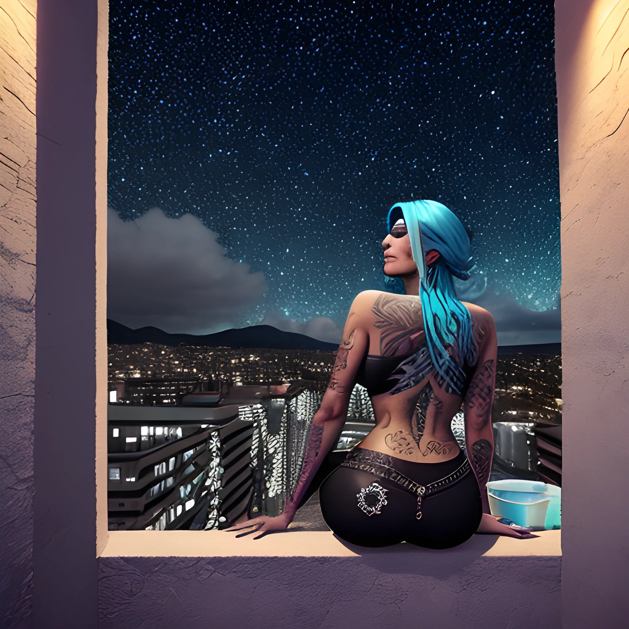 A latina girl with half blue hair, with tattoos, Sitting on a porch, overlooking the wall, wall dark grey, much dark starry sky, with few clouds, the woman looking at the sky, a shine in her hair, Trippy, Unreal Engine, Trippy