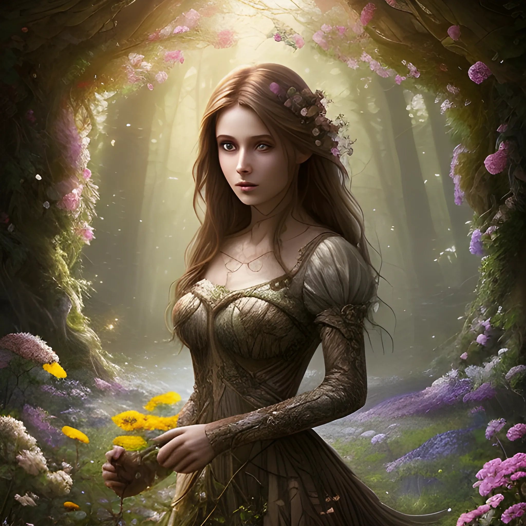 Stable Diffusion 1.5. Masterpiece, beautiful brown hair woman, wearing a tight dress made of light, in fantasy forest, surrounded by flowers, forest has a sense of mystery, godrays, ultra detailed, moody