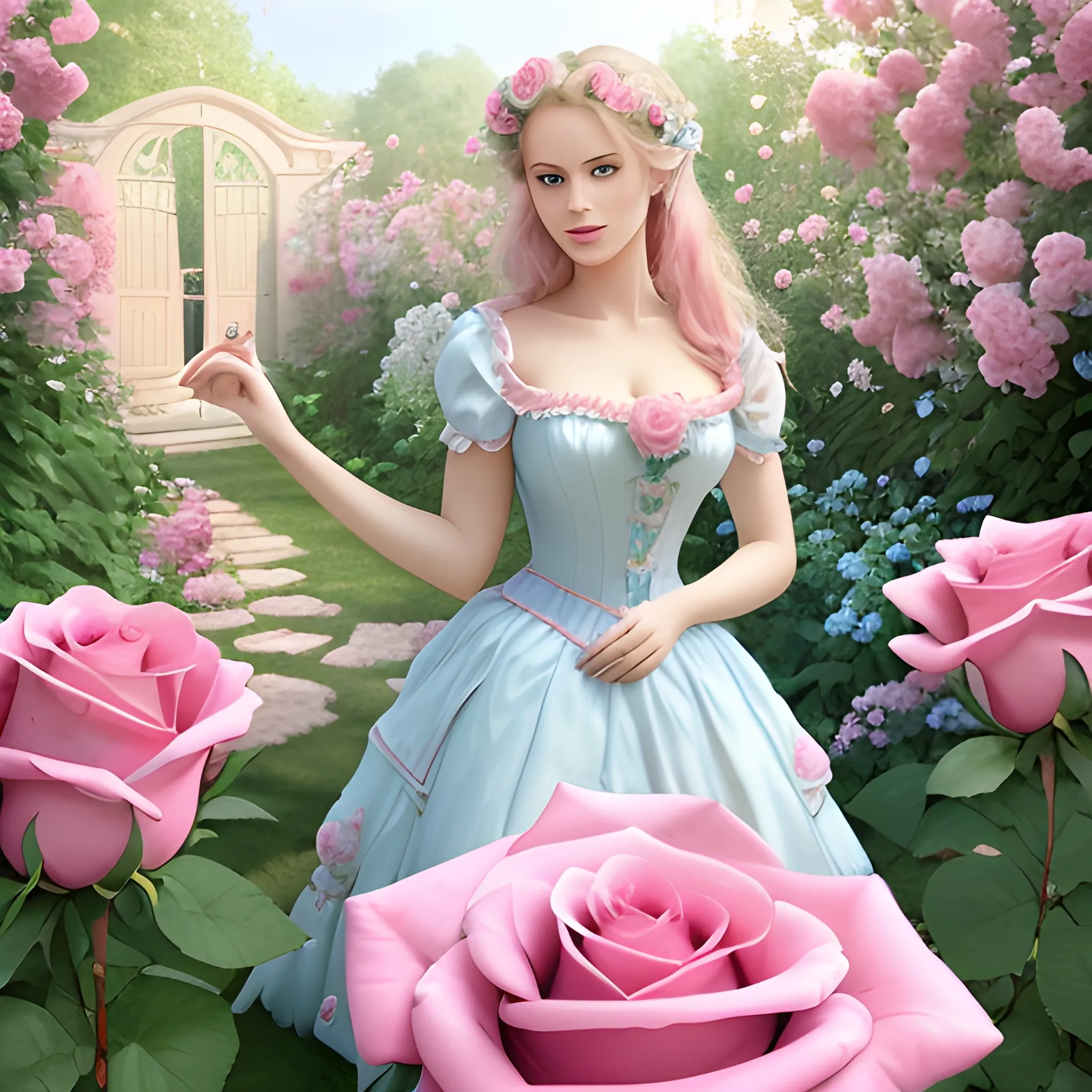 Very beautiful woman, pink roses, in the garden, light blue and pink, romanticism, high detail, 8K resolution, ultra high definition picture , 3D