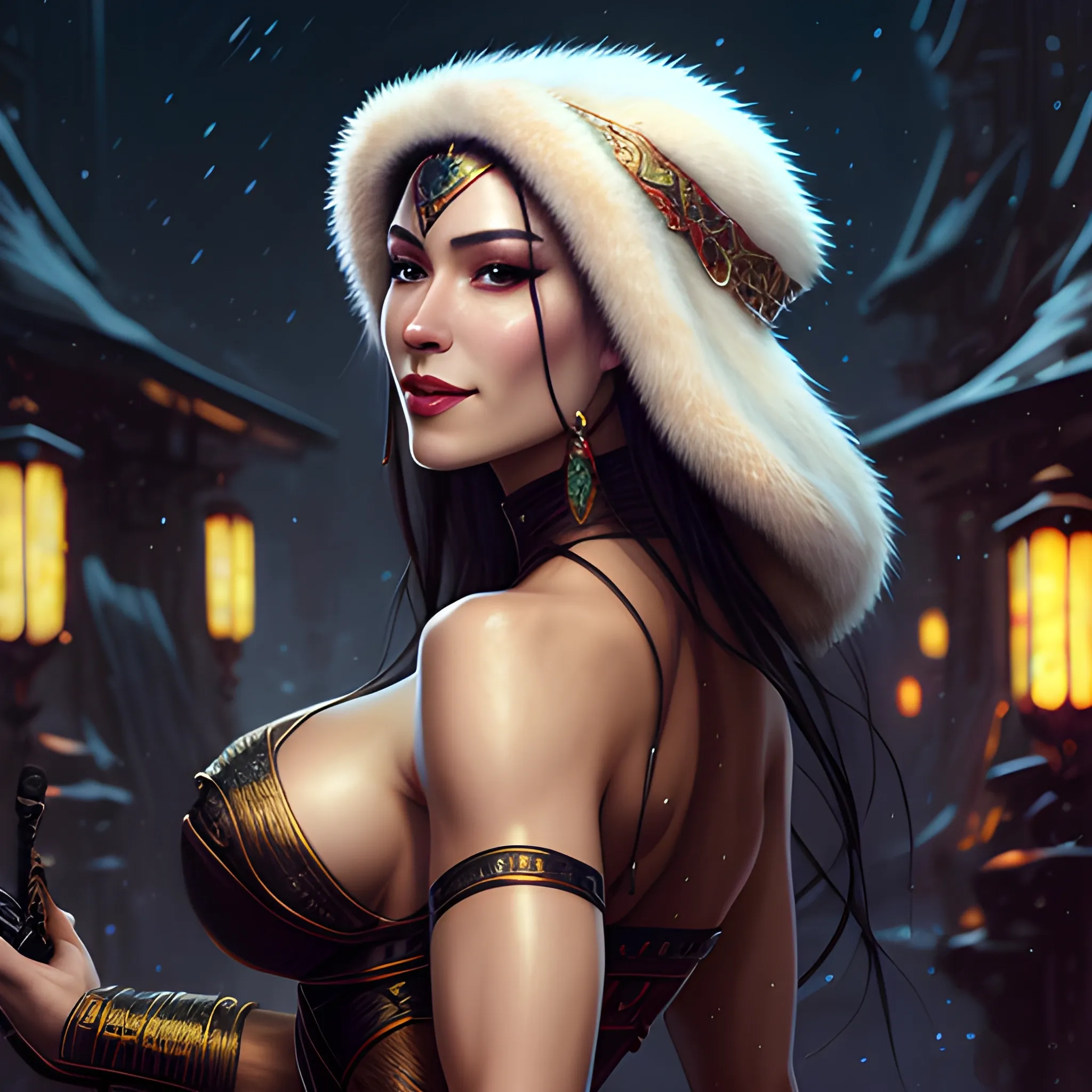 female siberian Russian concubine with slim curvy body, wearing a ushanka, at night, 1400s, painting by gaston bussiere, greg rutkowski, yoji shinkawa, yoshitaka amano, tsutomu nihei, donato giancola, tim hildebrandt, oil on canvas, {full body shot:from behind shot:looking over shoulder}, traditional russian clothing, trending on artstation, featured on pixiv, cinematic composition, extreme detail, metahuman creator, (best quality:1.4), ((masterpiece)), ((realistic)), (detailed), portrait_of_exotic_girls, seductive_smile, (((sexy))), godrays, dust in the air