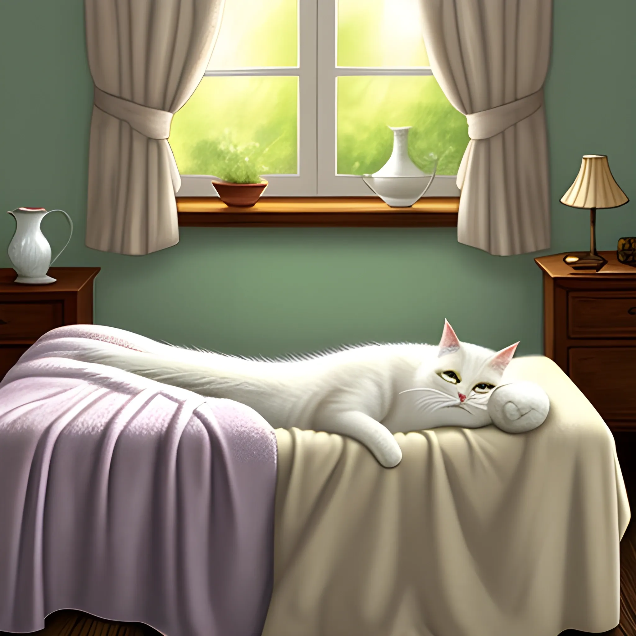 
Title: "Cat Nap on the Cozy Bed"

Prompt Description:

In this illustration, we want to capture the serene and heartwarming scene of a contented cat taking a peaceful nap on a comfy bed. The focus should be on showcasing the comfort and relaxation that the cat experiences during its slumber.

Setting:

The scene takes place indoors, inside a well-lit and cozy bedroom.
The bed should be large enough to accommodate the cat comfortably, with soft pillows and a warm, inviting blanket.
Cat Character:

The cat should be the center of attention, positioned at the center or one side of the bed.
It can be depicted in a curled-up position, with eyes closed, showing a sense of contentment and relaxation.
The cat's fur should be depicted with intricate details to convey its softness and texture.
Bedroom Environment:

To create a cozy atmosphere, use warm colors for the walls and decorations, such as shades of cream, beige, or light pastels.
Add elements like curtains, bedside tables with a lamp, and perhaps a potted plant to add visual interest to the scene.
The lighting should be soft and gentle, emanating from the bedside lamp or a nearby window, casting a warm glow on the cat and the surroundings.
Emotional Tone:

The overall mood should evoke a sense of tranquility, comfort, and contentment.
Viewers should feel a sense of peace and warmth as they observe the serene moment of the cat's nap.
Additional Elements (Optional):

If desired, you may include small details to enhance the narrative, such as a favorite toy or a book placed on the bedside table, indicating the presence of a loving and caring owner.
Overall, the illustration should portray the perfect moment of a cat indulging in a blissful nap on a cozy bed, inviting viewers to share in the joy of relaxation and simple pleasures., Pencil Sketch