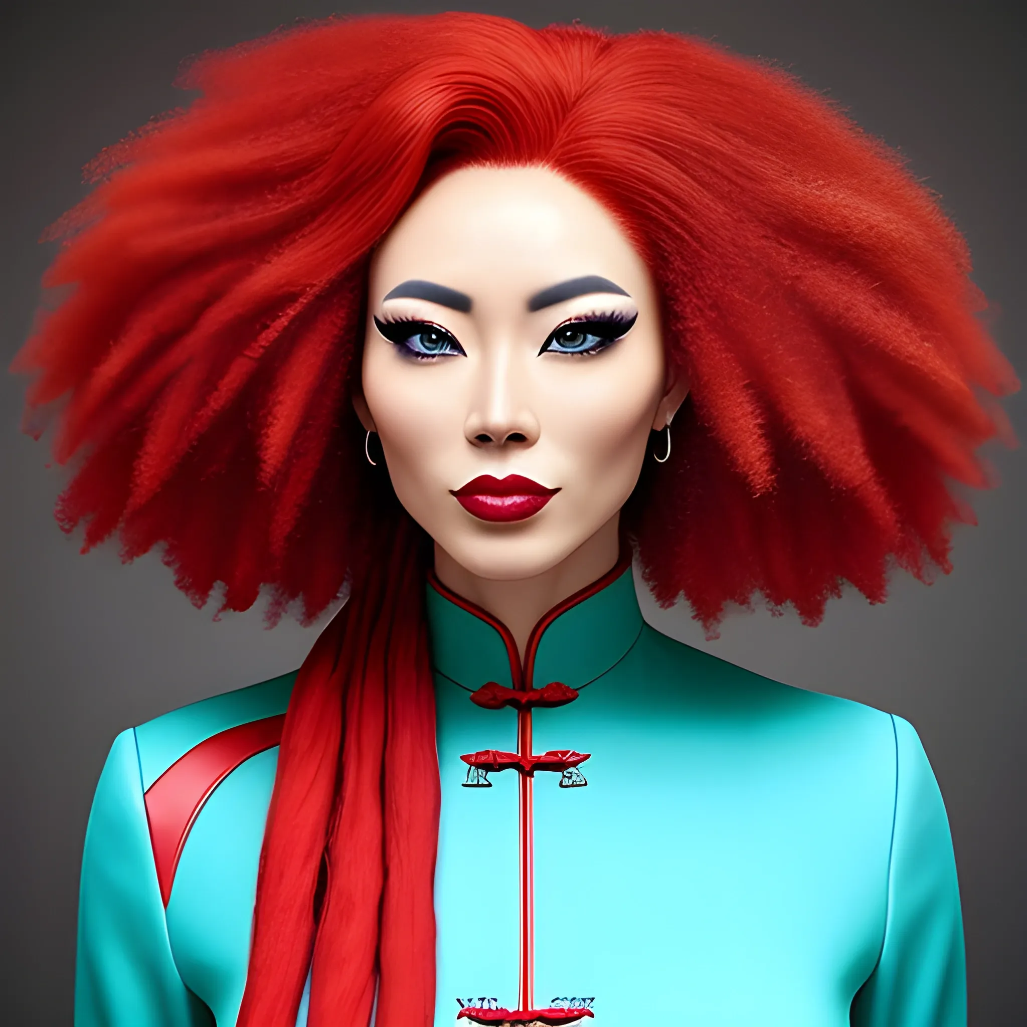n this photograph, we aim to capture a super realistic image of a Chinese girl with blue eyes and red afro hair, combining unique and striking elements. The intention is to create an image that appears authentic, even though it may feature unusual characteristics.

Characteristics of the Girl:

A Chinese girl's face with typical ethnic features, such as almond-shaped eyes and soft cheekbones.
Expressive and realistic blue eyes, vivid and intense, contrasting with the skin tone and hair color.
Afro hair in a vibrant red shade, with natural and defined curls. The color should look vivid and authentic.
The facial expression should convey a mix of curiosity and wonder, highlighting the beauty of this unique combination of features.
Attire and Setting:

The girl can be dressed in modern or traditional Chinese clothing, depending on the style and narrative desired.
The setting can be an urban environment, such as a street with colorful buildings, or a natural landscape that frames the girl harmoniously.
Colors and lighting should be accurate and realistic, creating a sense of authenticity in the image.
Photography Technique:

We are aiming for a high-resolution photograph that accentuates the details of the girl, hair, and eyes.
Lighting must be carefully adjusted to enhance the features and reflect the natural colors of the eyes and hair.
The composition should be balanced and appealing, showcasing the beauty and uniqueness of the girl., Cartoon