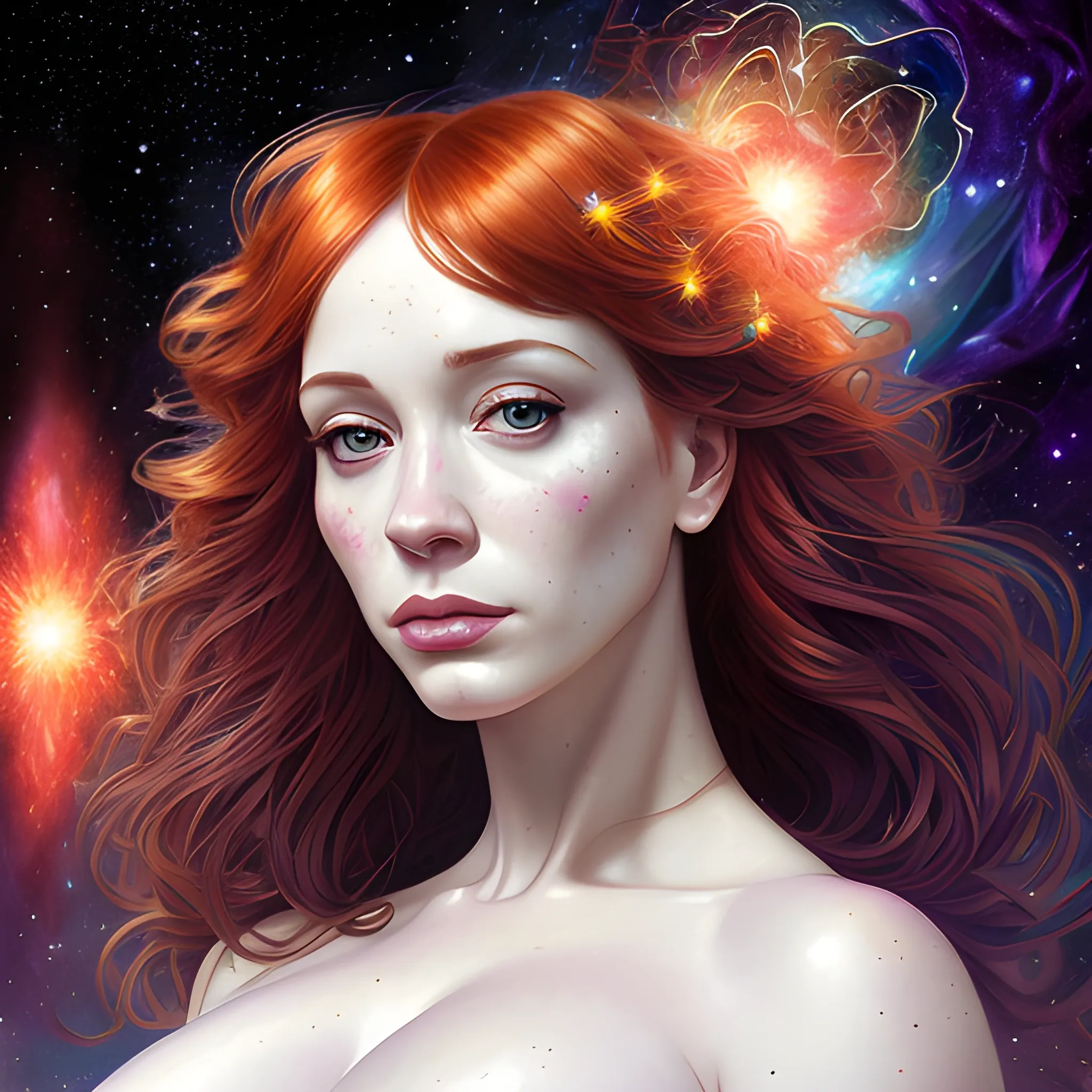 Ultra realistic photo portrait of Christina Hendricks cosmic energy, colorful, painting burst, beautiful face, symmetrical face, tone mapped, intricate, elegant, highly detailed, digital painting, artstation, concept art, smooth, sharp focus, illustration, beautiful face, intricate, highly detailed, smooth, sharp focus, art by artgerm and greg rutkowski and alphonse mucha