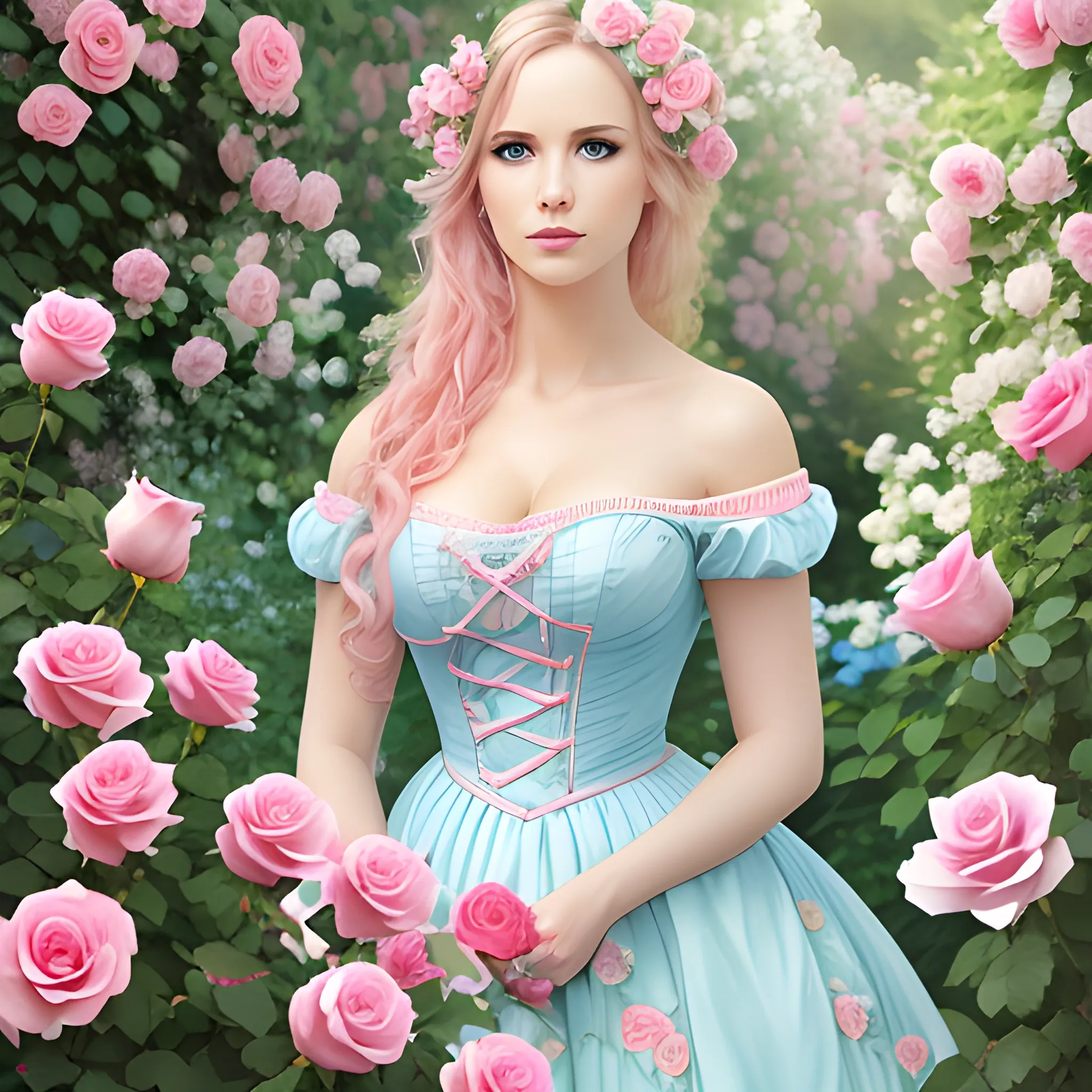 Very beautiful woman, pink roses, in the garden, light blue and pink, romanticism, high detail, 8K resolution, ultra high definition picture, 