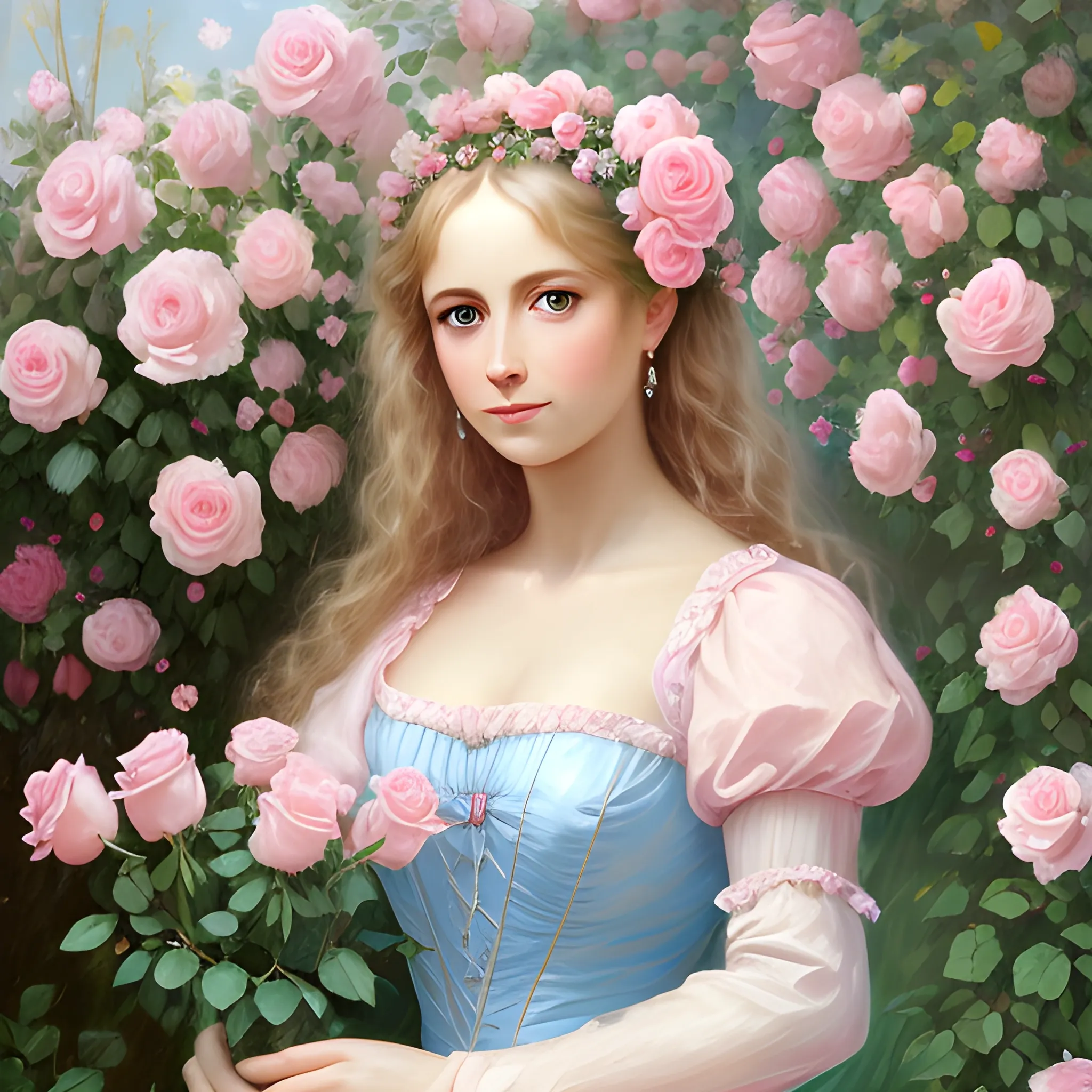 Very beautiful woman, pink roses, in the garden, light blue and pink, romanticism, high detail, 8K resolution, ultra high definition picture, , Oil Painting
