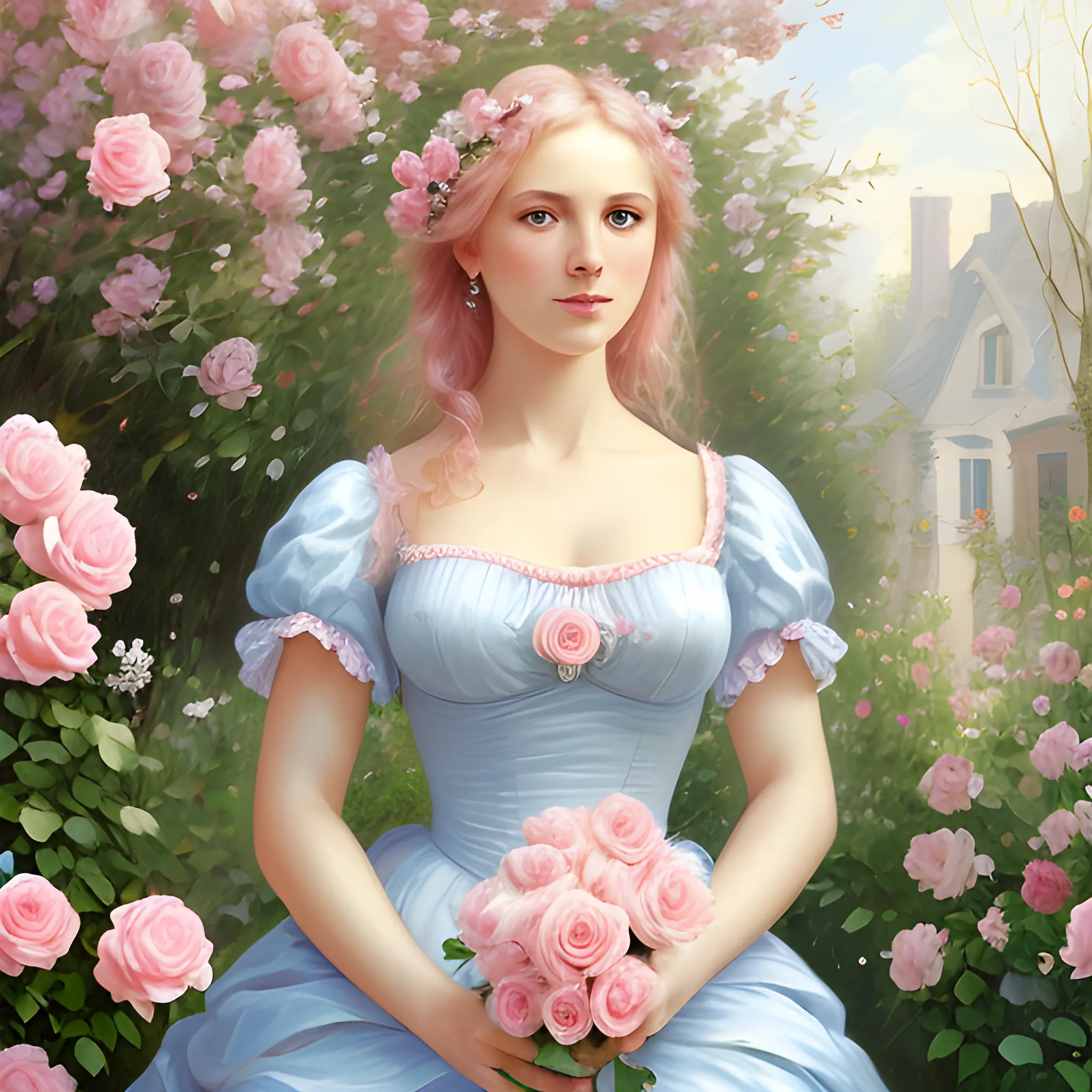 Very beautiful woman, pink roses, in the garden, light blue and pink, romanticism, high detail, 8K resolution, ultra high definition picture, , Oil Painting
