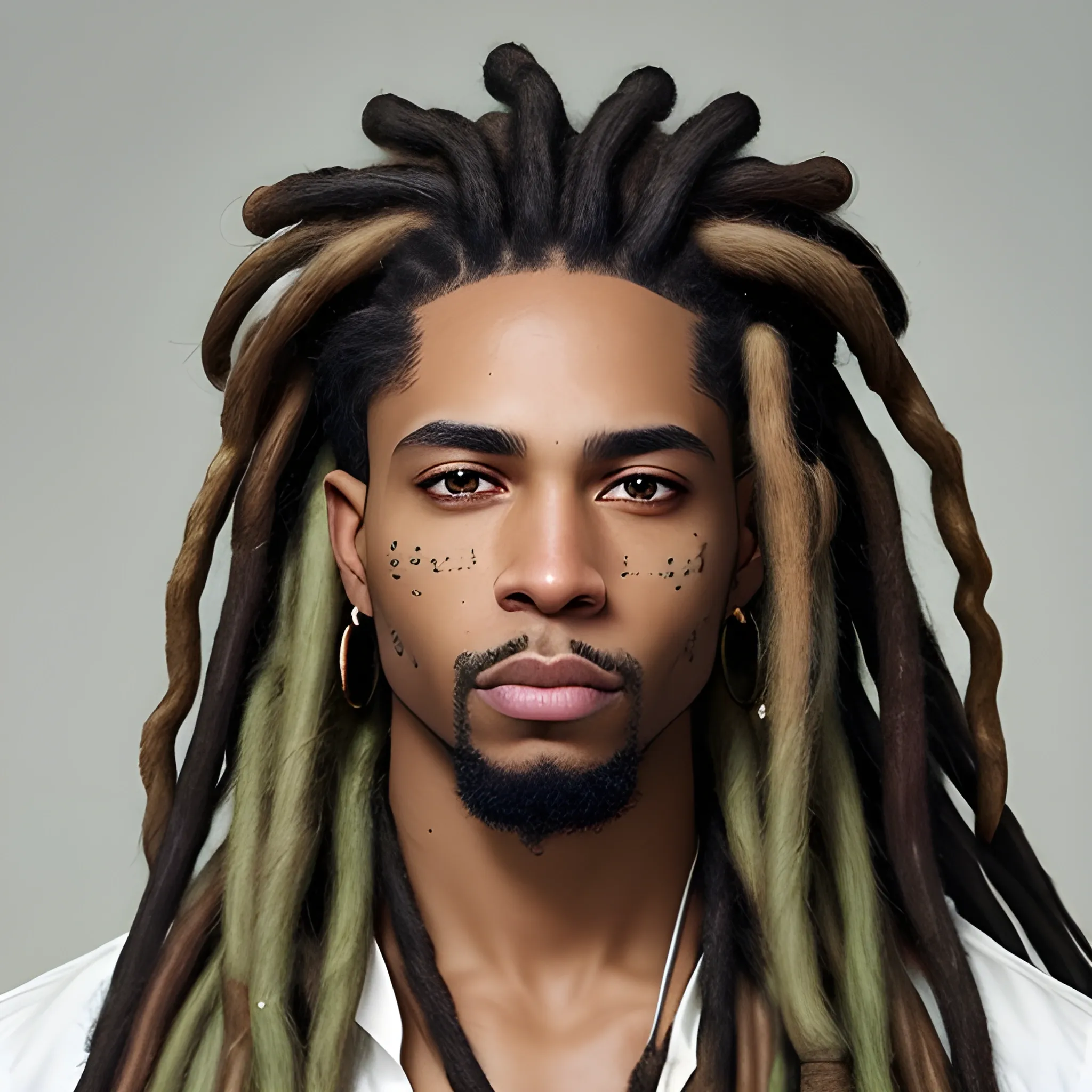 In this photograph, we aim to create a stunning image of a handsome black man with perfectly detailed green eyes and long waist-length dreadlocks. The focus is on portraying a realistic representation that highlights his captivating features and beauty.

Characteristics of the Man:

A black man with distinct African features, exuding strength and charm.
His mesmerizing green eyes, carefully rendered to showcase their depth and brilliance, adding a touch of intrigue to the image.
Long dreadlocks, extending down to his waist, reflecting his unique style and cultural identity.
Facial Details:

The facial features should be intrinsically detailed, capturing his striking good looks and magnetic charisma.
Emphasize his strong jawline, high cheekbones, and well-proportioned lips, all contributing to his captivating allure.
The eyes should be the focal point, their green color drawing the viewer in and conveying a sense of depth and soulfulness.
Skin Detail:

The skin should be rendered with exceptional realism, reflecting its rich and smooth texture, and highlighting its natural beauty.
Pay close attention to the interplay of light and shadow, accentuating the natural contours of his face.
Dreadlocks:

The dreadlocks should be meticulously detailed, capturing their individual strands and distinct texture.
Showcase the length and movement of the dreadlocks, adding to the overall appeal of the image.
Attire and Setting:

The man can be dressed in fashionable or culturally relevant attire, enhancing his persona and style.
Choose a setting that complements his charm and demeanor, whether it's an urban backdrop, a natural environment, or a cultural setting.
Photography Technique:

Aim for a high-resolution photograph that impeccably captures every aspect of his appearance, from the eyes to the dreadlocks.
Utilize lighting to accentuate his facial features and draw attention to the captivating green eyes.
The composition should be carefully crafted to showcase his unique beauty and personality., Pencil Sketch