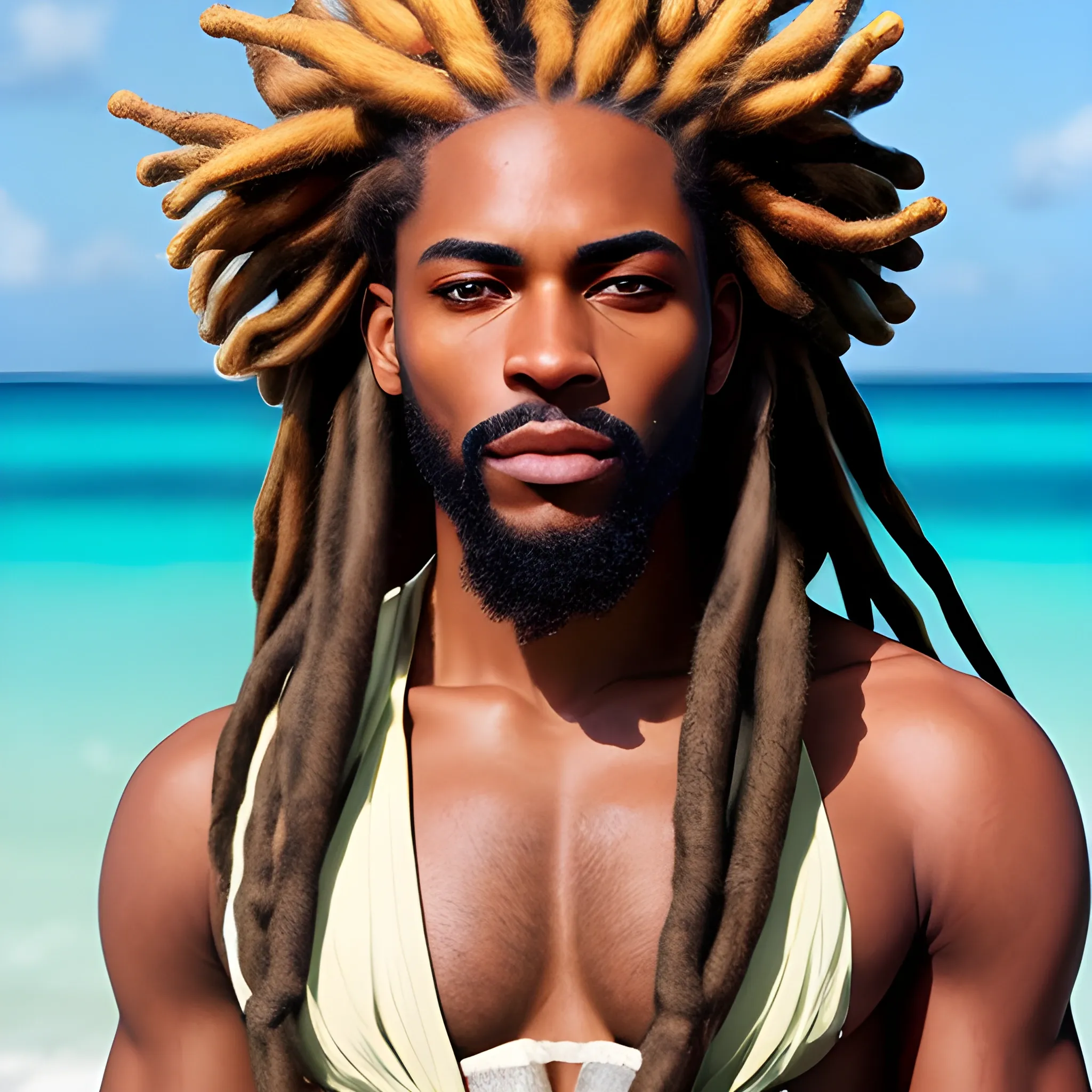 In this photograph, we aim to capture the beauty of a single handsome black man with perfectly detailed green eyes and long waist-length dreadlocks. The focus is on portraying a realistic representation that showcases his captivating features and allure. The photograph will depict the man dressed in Rastafarian clothing and situated on a beautiful and crowded beach as the background.

Characteristics of the Man:

A black man with distinct African features, radiating confidence and charm.
His striking green eyes, meticulously rendered to showcase their depth and brilliance, adding a touch of allure to the image.
Long dreadlocks, extending gracefully down to his waist, reflecting his unique style and cultural identity.
Facial Details:

The facial features should be intrinsically detailed, capturing his captivating good looks and magnetic charisma.
Emphasize his strong jawline, high cheekbones, and well-proportioned lips, highlighting the charm of his face.
The eyes should be the focal point, their green color drawing the viewer in, exuding a sense of depth and soulfulness.
Skin Detail:

The skin should be rendered with exceptional realism, reflecting its rich and smooth texture, and accentuating its natural beauty.
Pay close attention to the interplay of light and shadow, enhancing the natural contours of his face.
Dreadlocks:

The dreadlocks should be meticulously detailed, capturing the individual strands and distinct texture, showing their well-maintained appearance.
Showcase the length and fluidity of the dreadlocks, adding to the overall allure of the image.
Attire and Setting:

The man should be dressed in Rastafarian clothing, representing the vibrant and colorful style of the culture.
The background setting should be a beautiful and lively beach, with crystal-clear waters, golden sand, and a multitude of people enjoying the sun and waves.
Photography Technique:

Aim for a high-resolution photograph that impeccably captures every aspect of his appearance, from the eyes to the dreadlocks.
Utilize lighting to enhance his facial features and draw attention to the captivating green eyes.
The composition should be thoughtfully crafted to highlight his unique beauty against the backdrop of the vibrant beach scene., Cartoon
