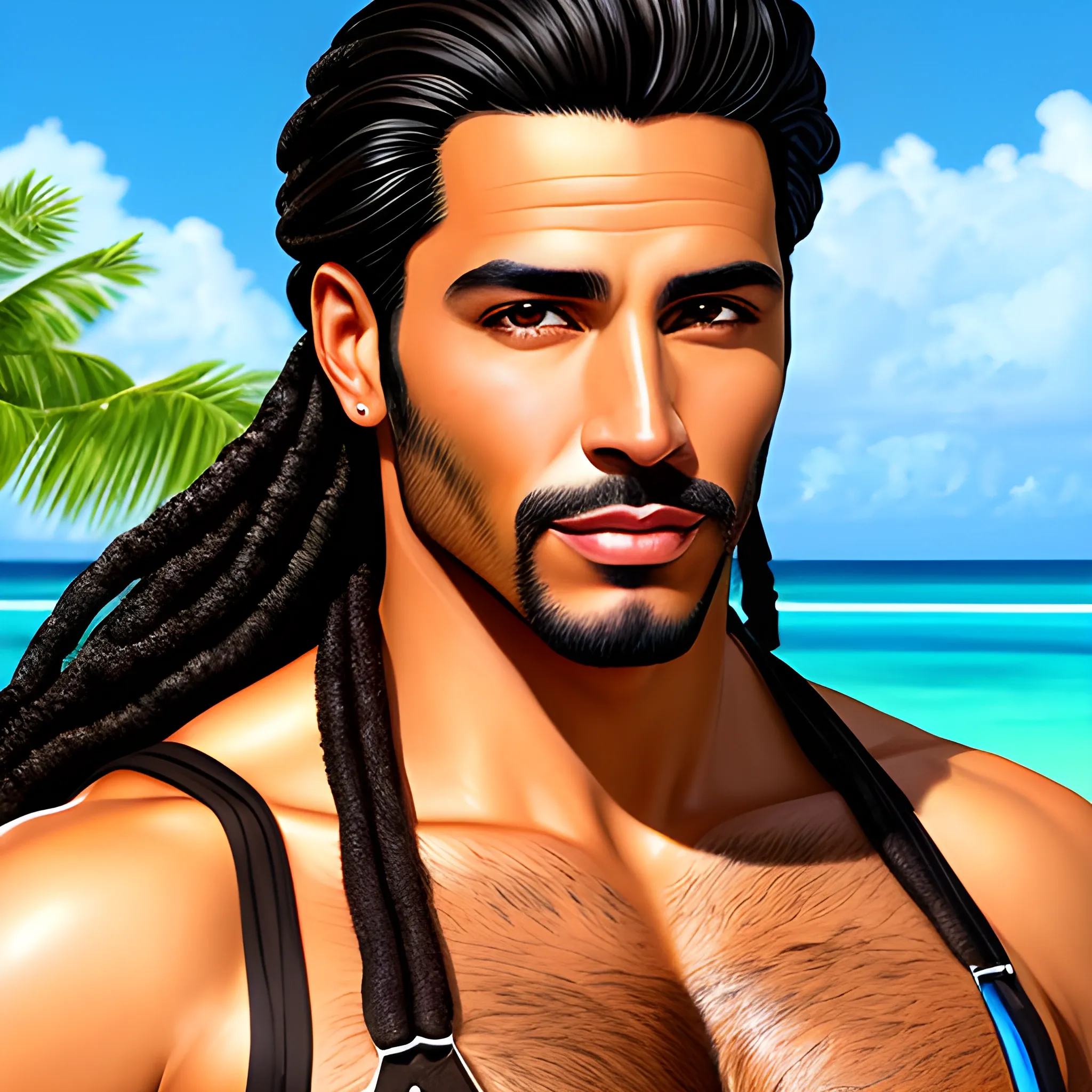Overall, the realistic photograph of this handsome young Latino man with perfectly detailed brown eyes, well-groomed black hair, and vibrant Caribbean attire should be a captivating portrayal, exuding charm and showcasing the beauty of cultural diversity and the rich heritage of the Caribbean culture., Cartoon