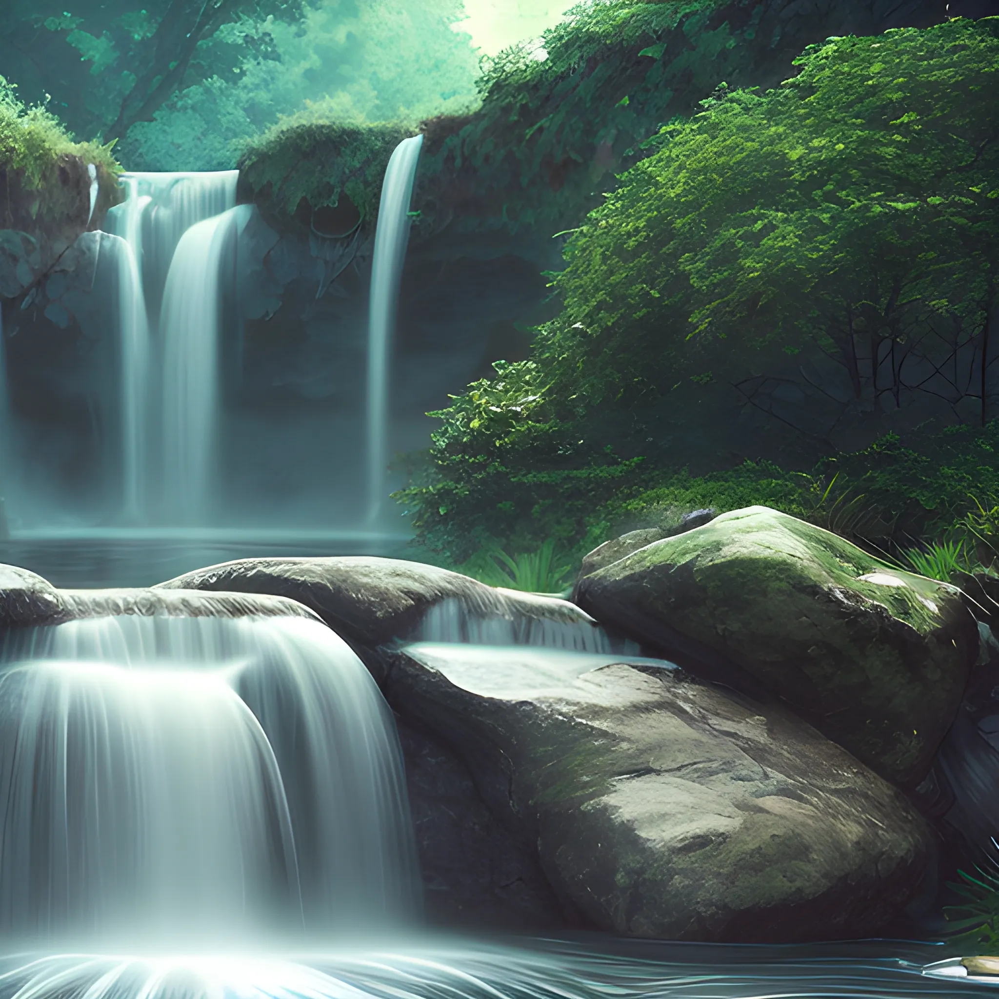 make it river, waterfall background, photorealistic, 4k,
