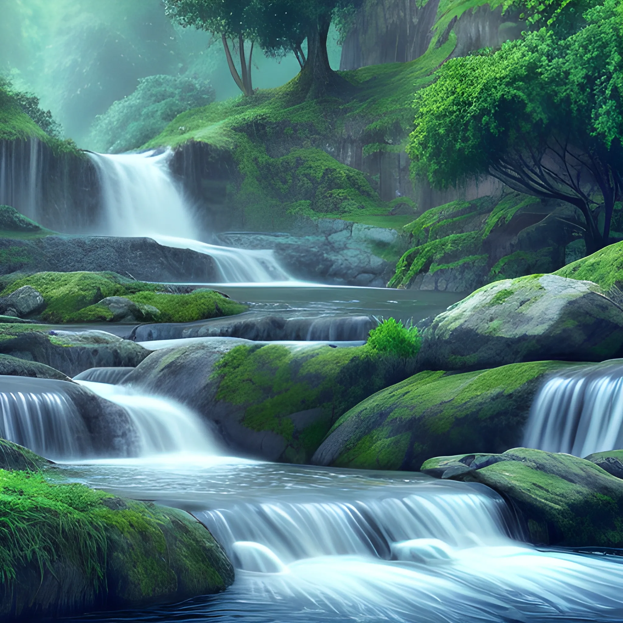 make it river, waterfall background, photorealistic, 4k,
