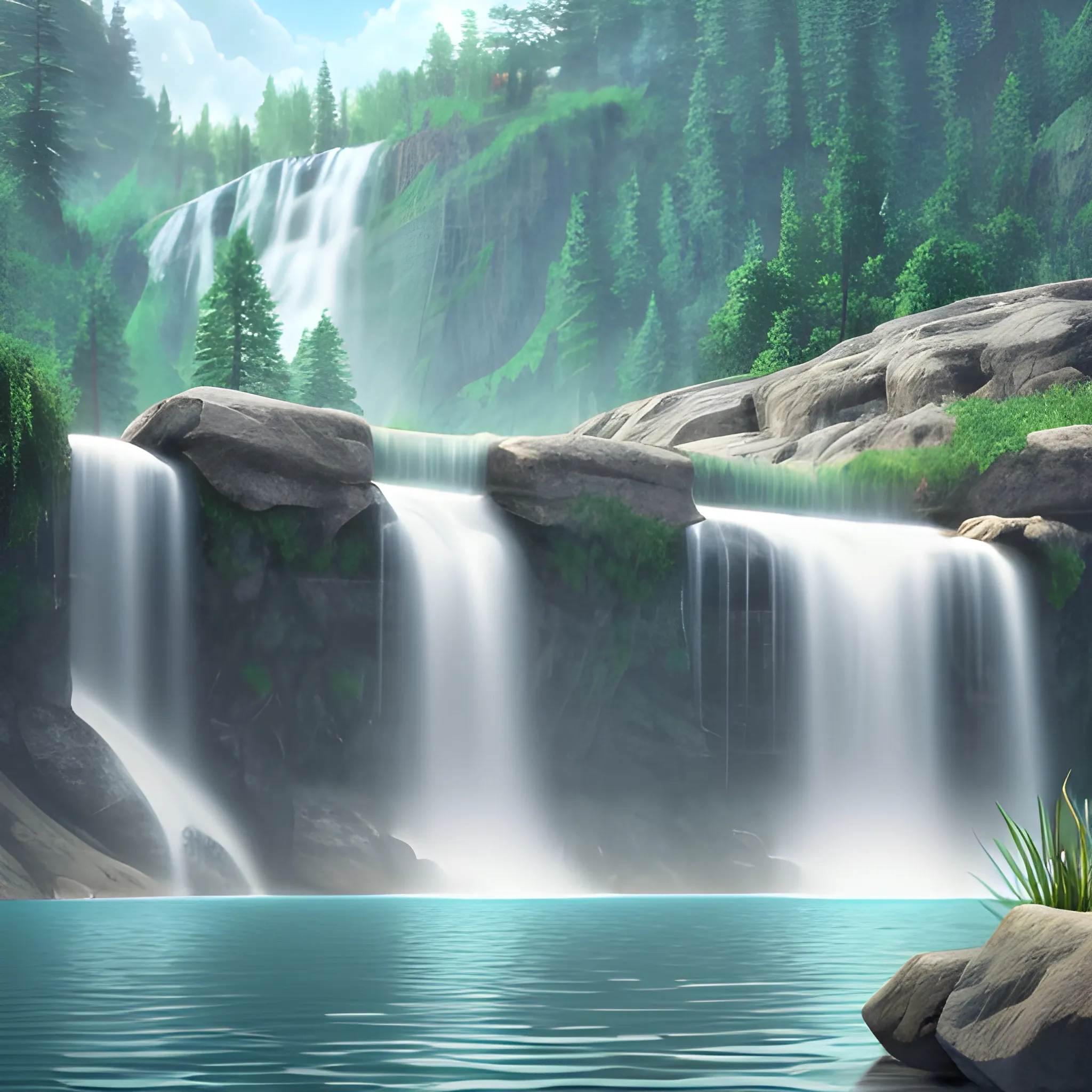 make it lake,  waterfall background, photorealistic, 4k,
