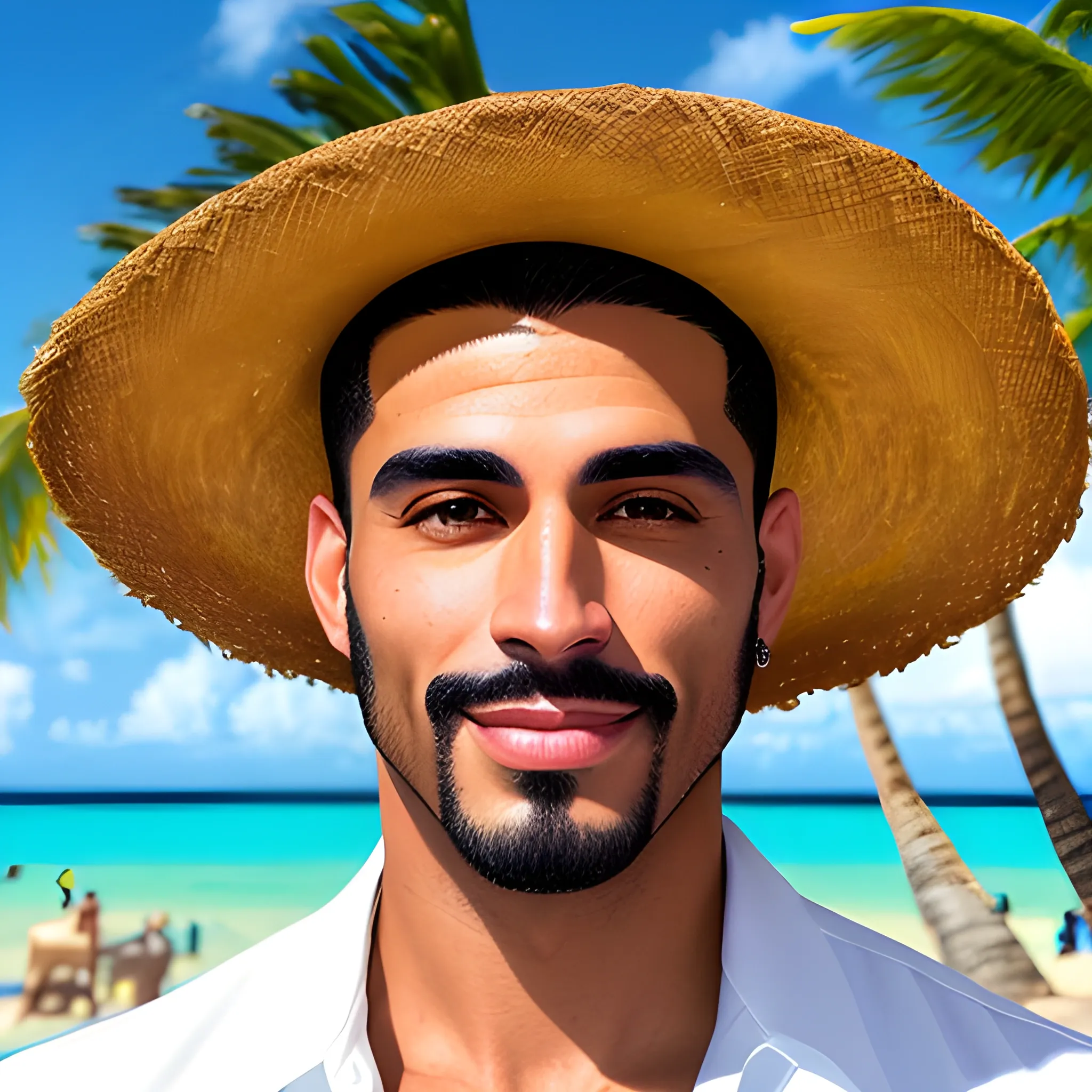 Overall, the realistic photograph of this handsome young Latino man with perfectly detailed brown eyes, well-groomed black hair, and vibrant Caribbean attire should be a captivating portrayal, exuding charm and showcasing the beauty of cultural diversity and the rich heritage of the Caribbean culture.,  Trippy