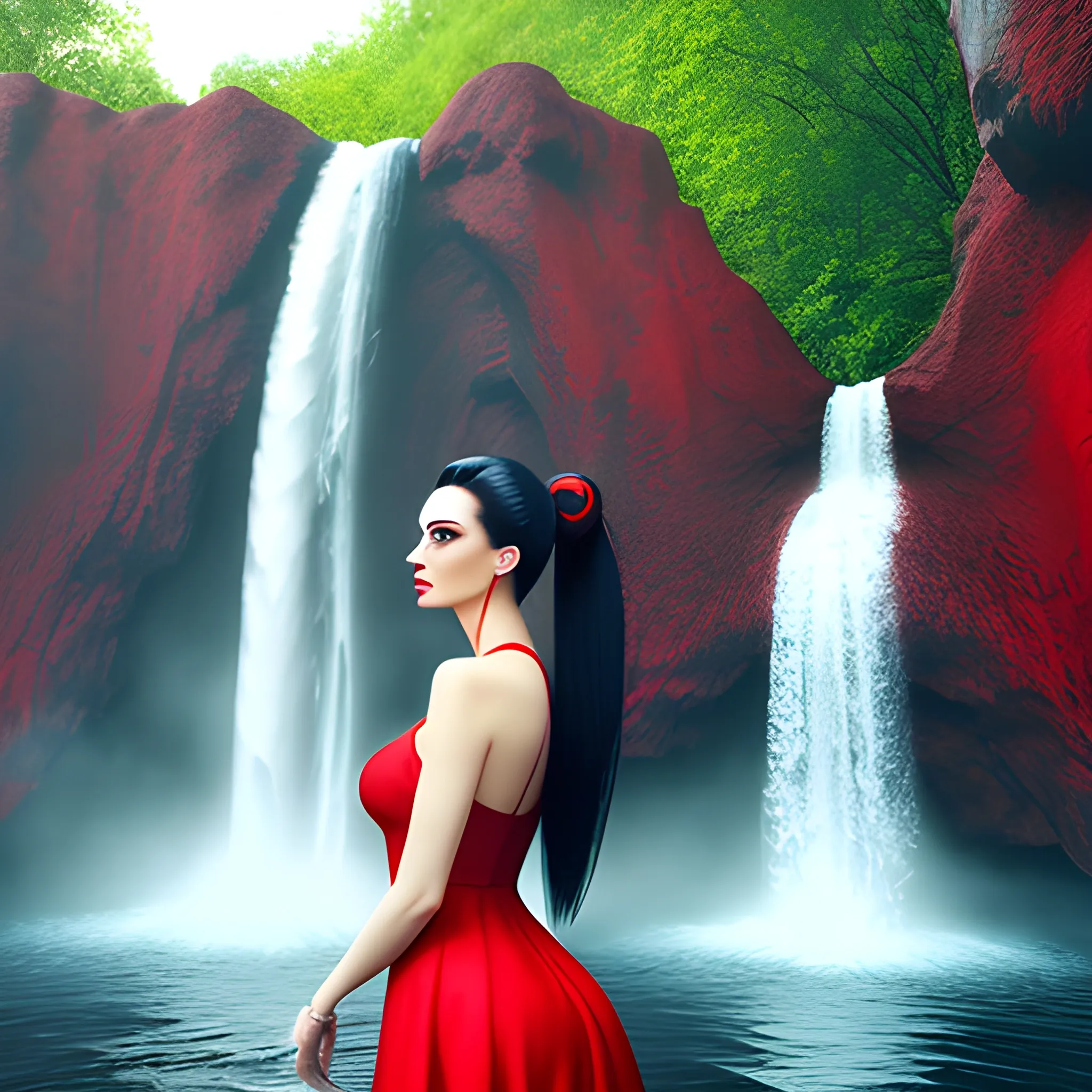 make it a beautiful girl, blac hair, bun hair, standing, red dress,  waterfall background, photorealistic, 4k,