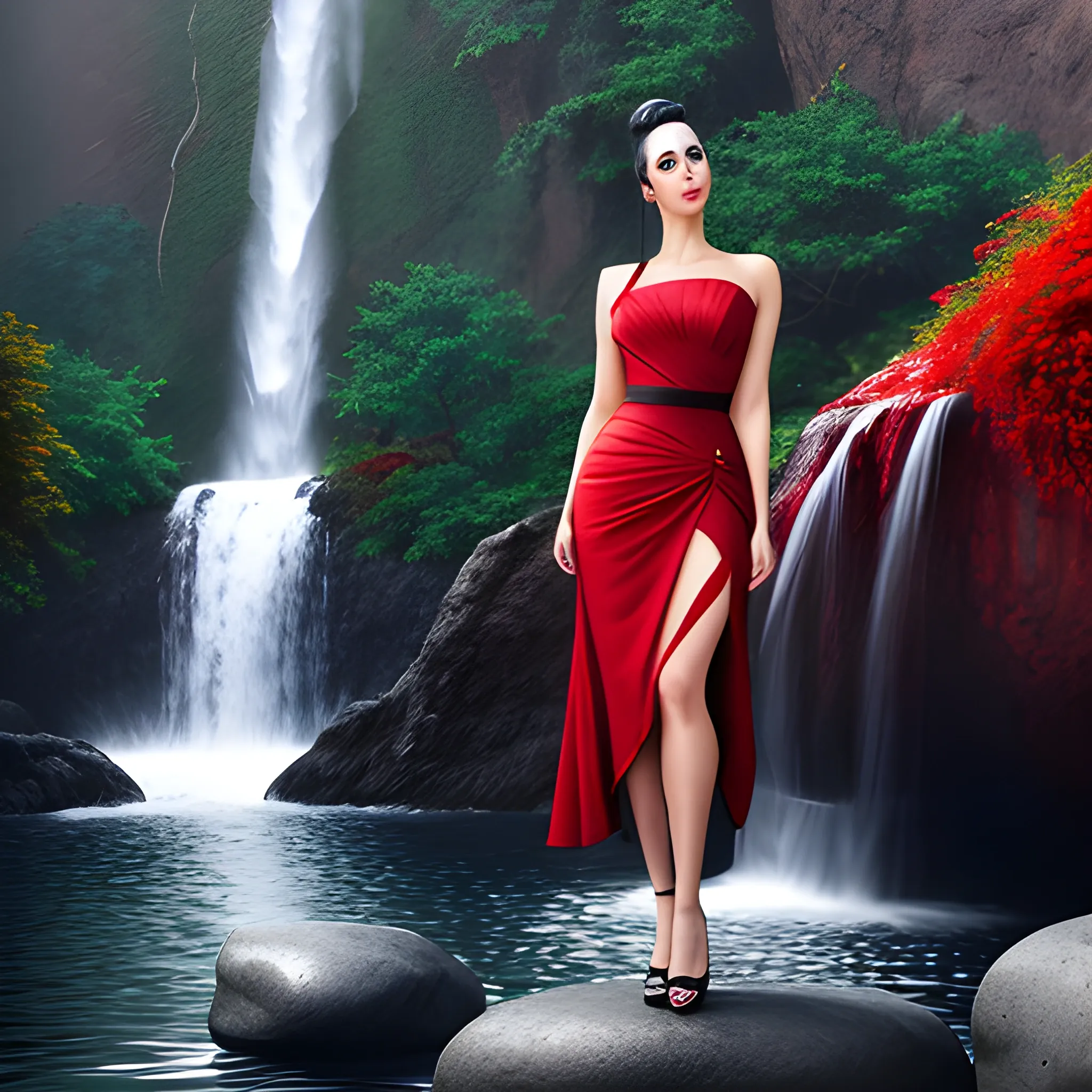 make it a beautiful girl, black hair, bun hair, standing on stone, red dress,  waterfall background, photorealistic, 4k,