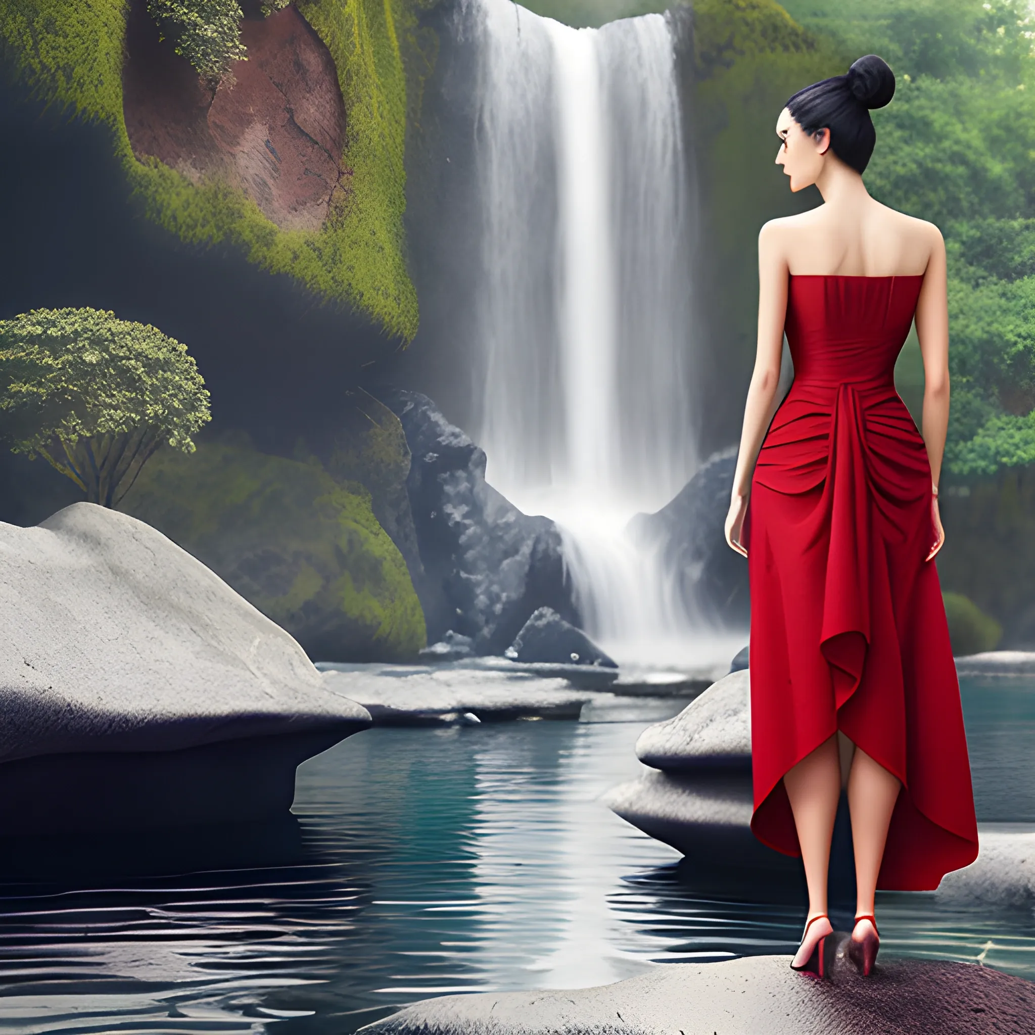 make it a beautiful girl, black hair, bun hair, standing on stone, red dress,  waterfall background, photorealistic, 4k,