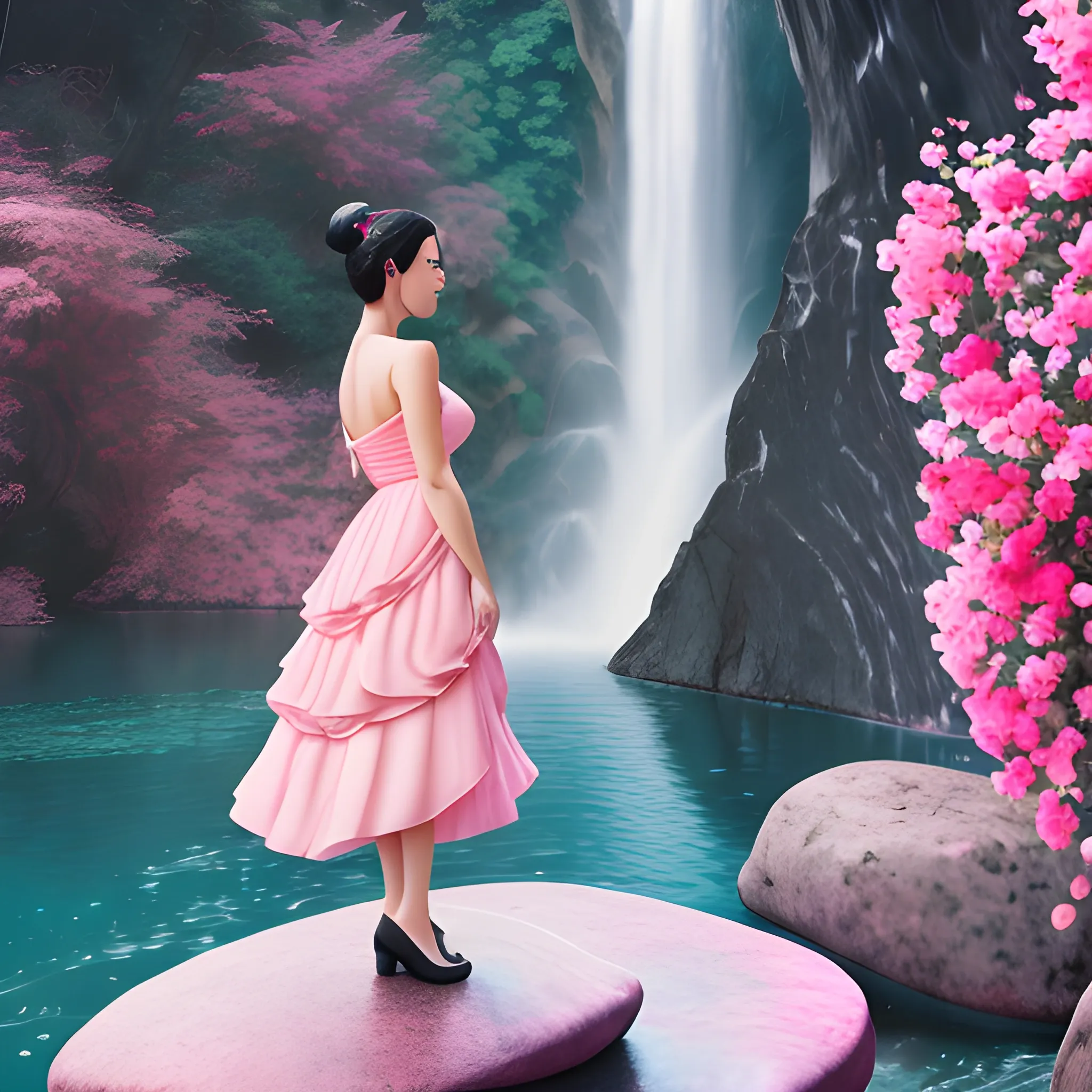 Very beautiful woman, black hair, bun hair, standing on stone, pink roses, light blue and pink, romanticism, high detail, 8K resolution, ultra high definition picture,  red dress,  waterfall background,