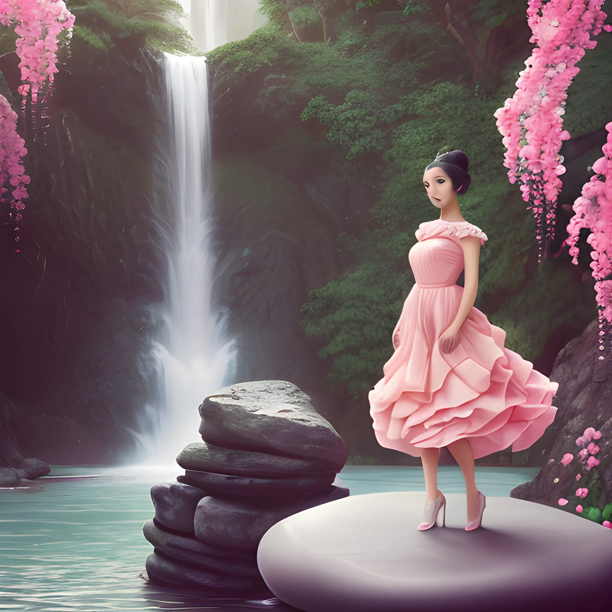Very beautiful woman, black hair, bun hair, standing on stone, pink roses, light blue and pink, romanticism, high detail, 8K resolution, ultra high definition picture,  red dress,  waterfall background,