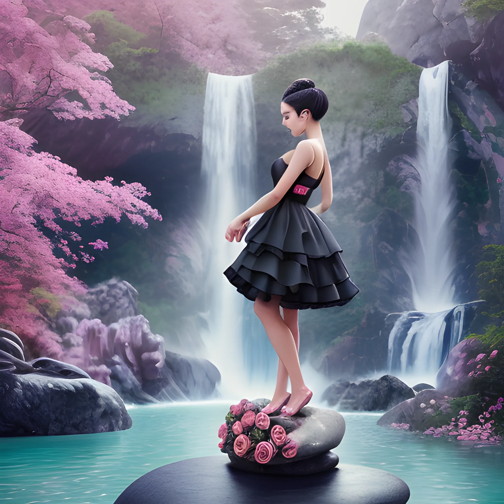 Very beautiful woman, black hair, bun hair, standing on stone, pink roses, light blue and pink, romanticism, high detail, 8K resolution, ultra high definition picture,  red dress,  waterfall background,  a front view