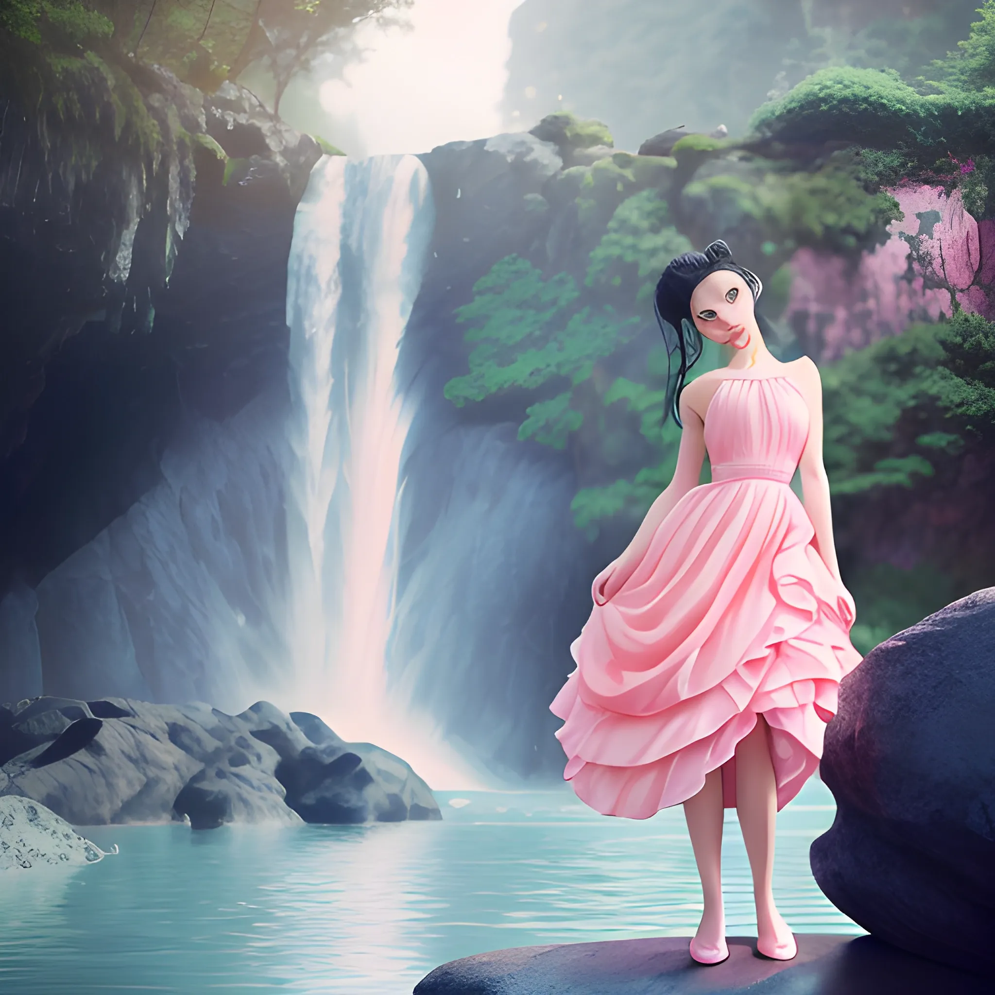 Very beautiful woman, black hair, bun hair, standing on stone, pink dress, light blue and pink, romanticism, high detail, 8K resolution, ultra high definition picture,  red dress,  waterfall background,  a front view