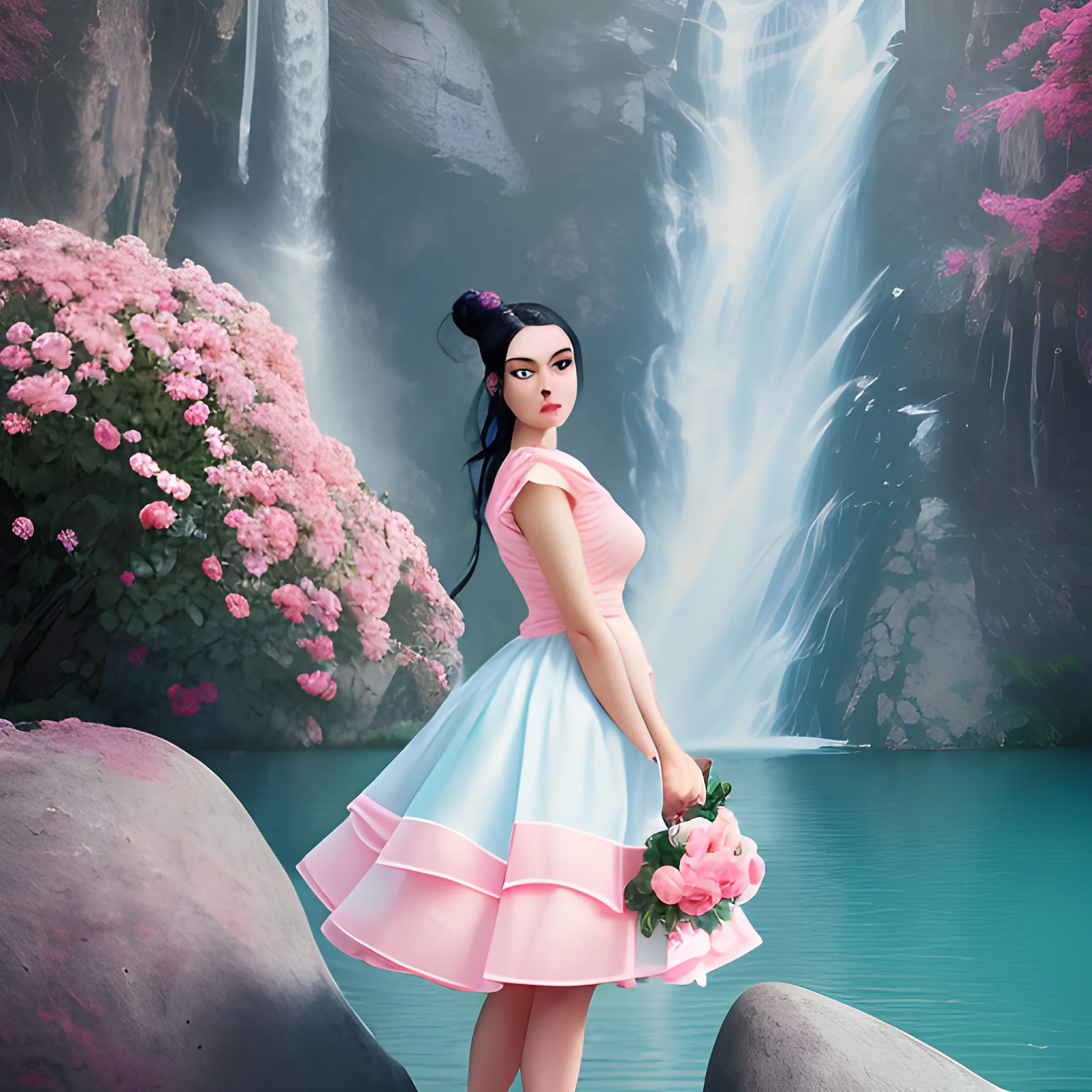 Very beautiful woman, black hair, bun hair, white office dress, standing on stone, pink roses, light blue and pink, romanticism, high detail, 8K resolution, ultra high definition picture, red dress, waterfall background