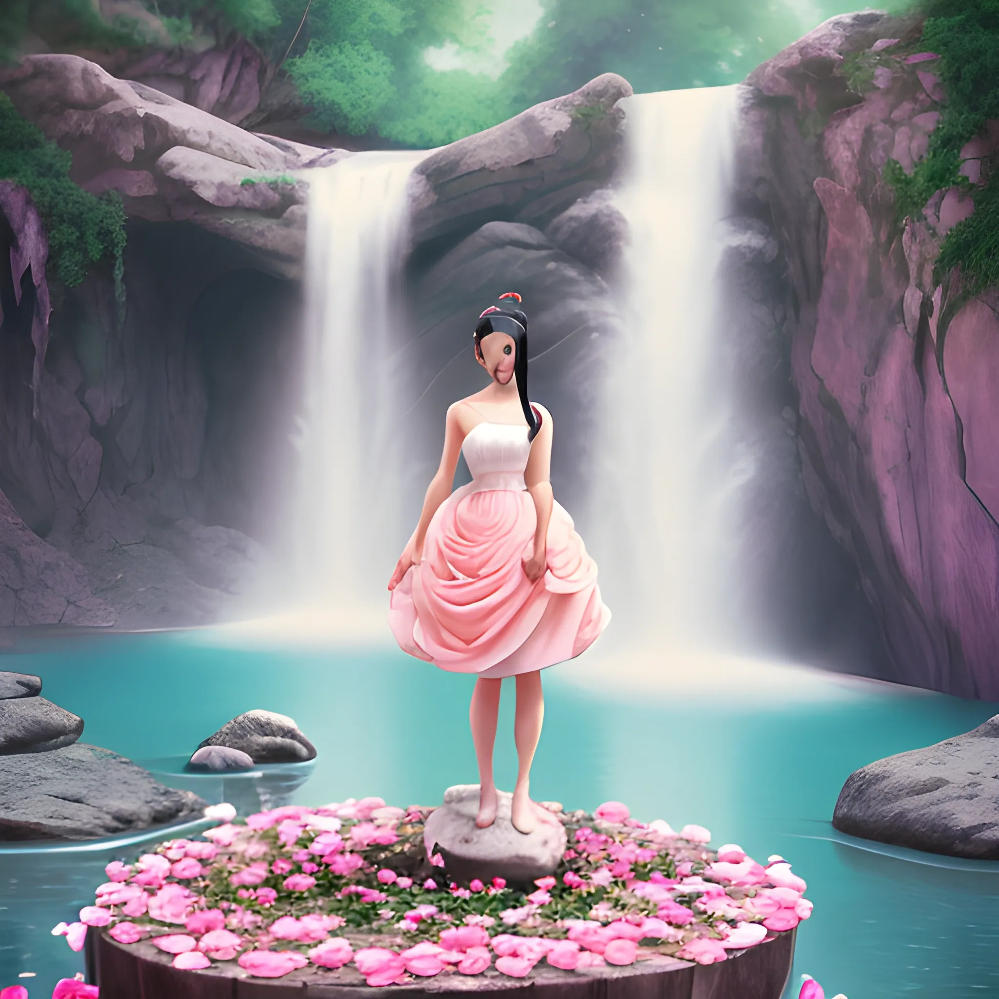 Very beautiful woman, black hair, bun hair, white dress, standing on stone, pink roses, light blue and pink, romanticism, high detail, 8K resolution, ultra high definition picture, red dress, waterfall background