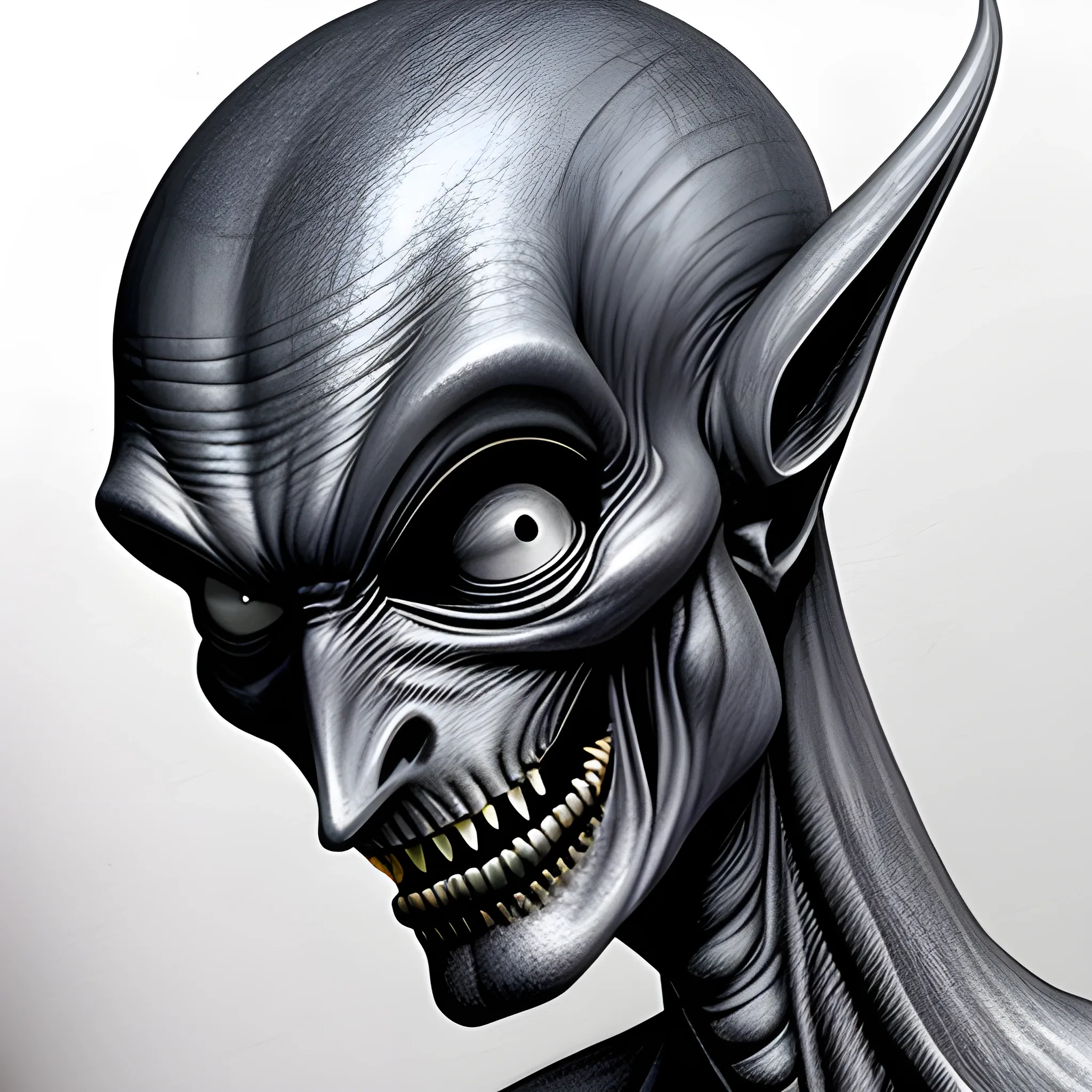 A detailed, dark grey, skinny alien with no eyes. Small sharp teeth, Pencil Sketch