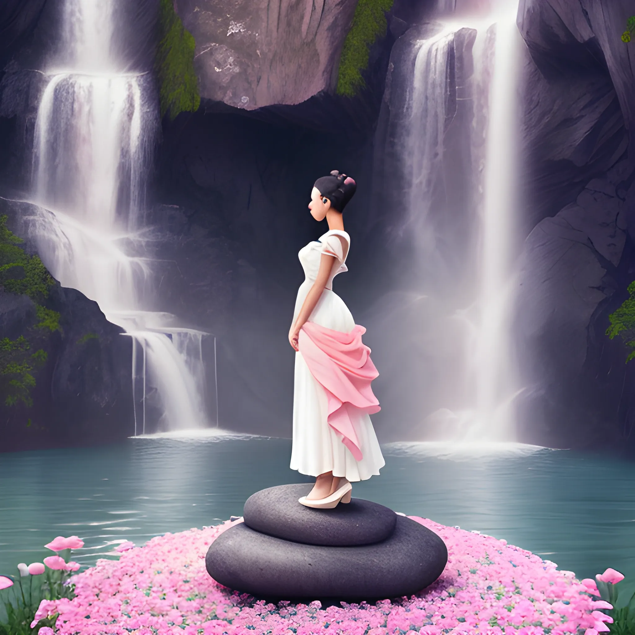 Very beautiful woman, black hair, bun hair, white dress, standing on stone, pink roses, light blue and pink, romanticism, high detail, 8K resolution, ultra high definition picture, waterfall background
