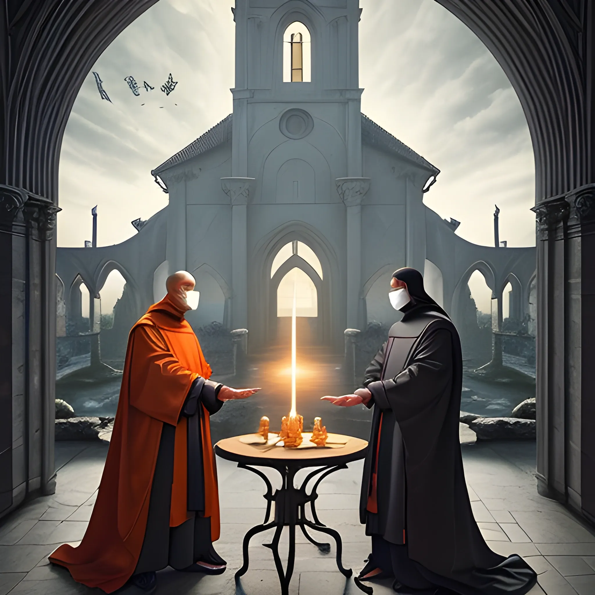  In the year 1327, amid the historical setting of a Benedictine abbey in northern Italy, a group of spiritual mystic assassins emerges, donning full orange hooded robes. The abbey has become a place of intrigue and mystery as monks are found dead in suspicious circumstances. It is within this ancient and hallowed place that the mystics reveal themselves, their presence shrouded in secrecy and profound power.

The abbey, once a symbol of religious devotion, now serves as the backdrop for a confrontation that will bring together Franciscans and representatives of the Avignon popes. The meeting is set on neutral ground, the mystics acting as enigmatic guardians of this sacred encounter.

Camera Settings:
Camera: Nikon D850 DSLR
Lens: 85mm lens
Aperture: F1.2
Resolution: 4k
Aspect Ratio: 1920:1080

Captured with the Nikon D850 DSLR, the image focuses on the spiritual mystic assassins in the foreground. The mystics, wearing their smooth white masks that lack detailed facial features, exude an aura of ancient wisdom as they gather in a circular formation around a table within the abbey. Their orange robes blend harmoniously with the historical surroundings, symbolizing their connection to the environment they protect.

Soft, ambient lighting bathes the scene, creating a serene and spiritual atmosphere that contrasts with the cyberpunk elements introduced by the orange code overlay. This juxtaposition reflects the mystics' ability to bridge the gap between tradition and futuristic concepts.

Drawing inspiration from the artistic styles of renowned artists like Claude Lacroix, Grzegorz Rosinski, François Bourgeon, Jean - Claude Mézières, Alessandro Barbucci, and Dustin Nguyen, the image blends various visual elements into a captivating composition. The mystic assassins' presence and purpose resonate with the rich history and intrigue of the abbey.

As the mystics stand slightly off-center, overlooking the ancient abbey and its surroundings, they symbolize the balance between the past and the future, the enigmatic guardians of history and the agents of a mysterious and cyberpunk-infused future.

This image serves as a glimpse into a world where ancient traditions and futuristic elements intertwine, where the spiritual mystic assassins stand as silent protectors, navigating the complex web of history and the evolving digital realm represented by bitcoin. Their collective identity transcends individuality, embodying the unity required for such a profound and consequential confrontation. 4k --ar 1920:1080