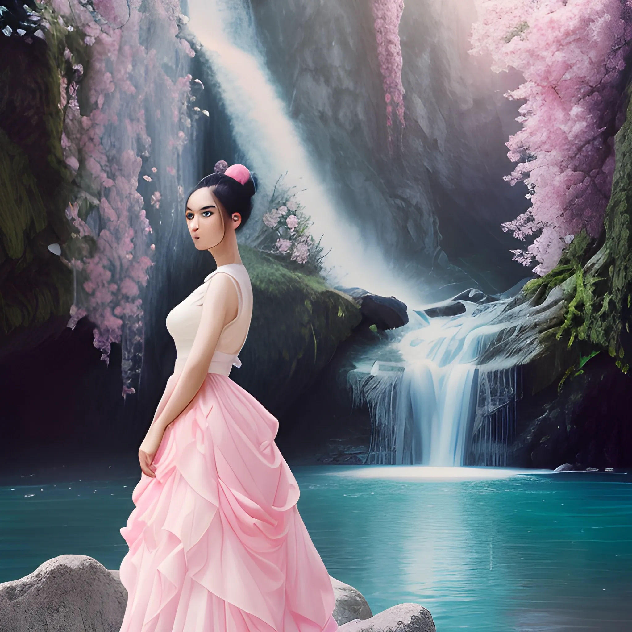 Very beautiful woman, black hair, bun hair, white dress, standing on big stone, pink roses, light blue and pink, romanticism, high detail, 8K resolution, ultra high definition picture, waterfall background