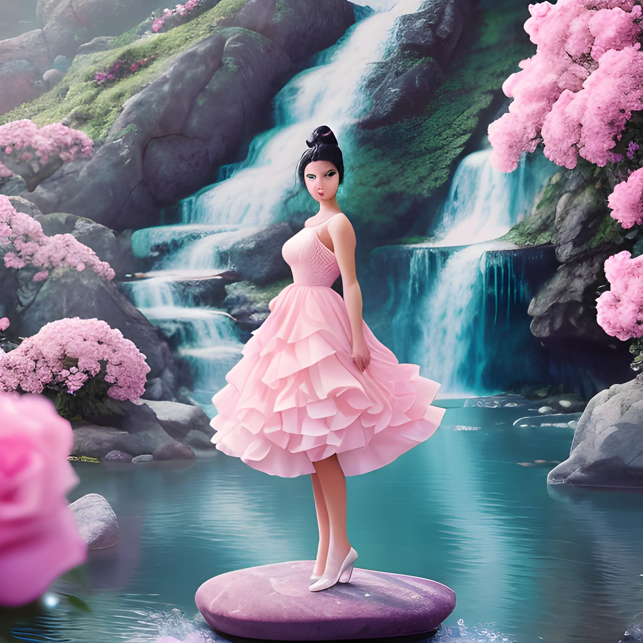 Very beautiful woman, black hair, bun hair, sexy dress, standing on big stone, pink roses, light blue and pink, romanticism, high detail, 8K resolution, ultra high definition picture, waterfall background