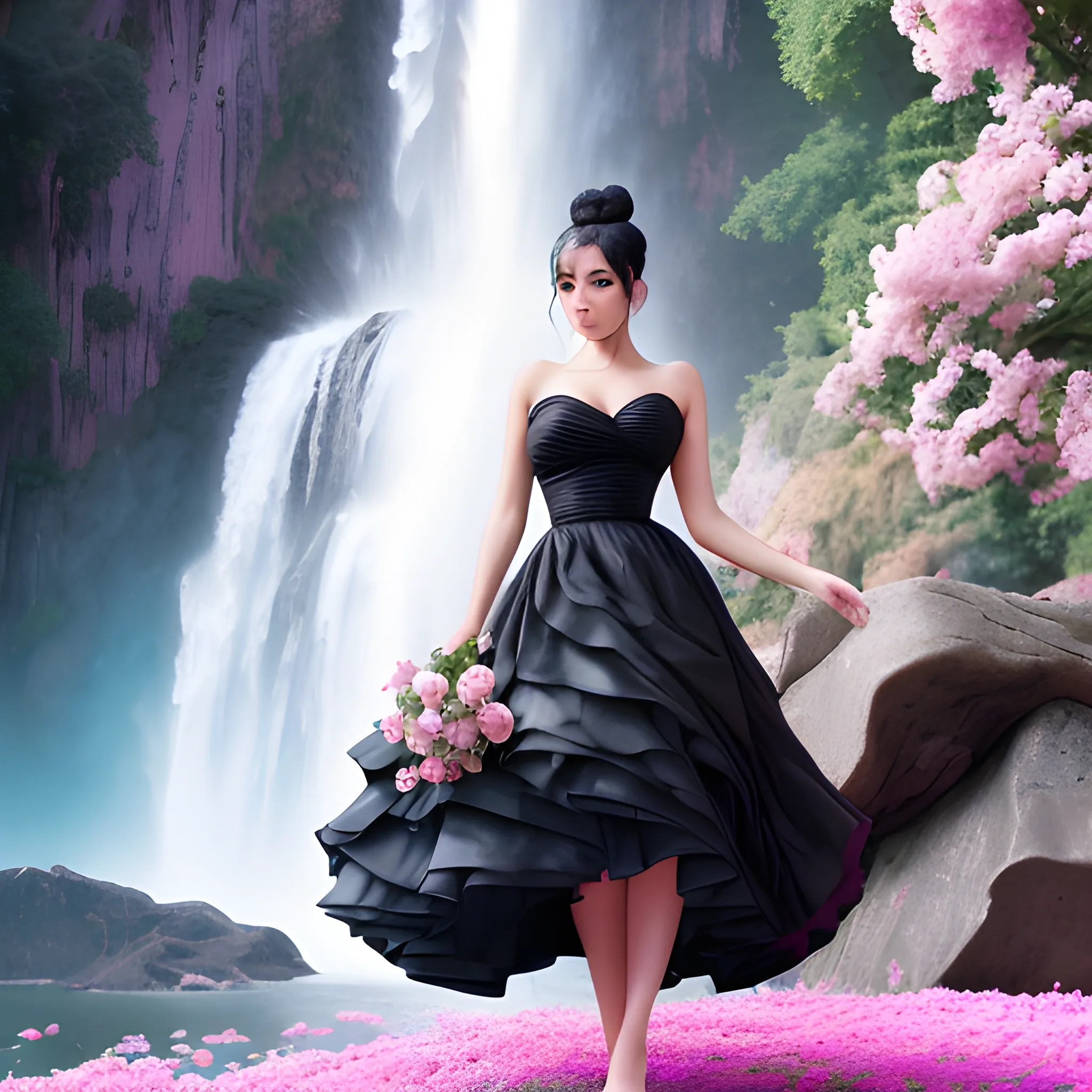 Very beautiful woman, black hair, bun hair, sexy dress, standing on big stone, pink roses, light blue and pink, romanticism, high detail, 8K resolution, ultra high definition picture, waterfall background