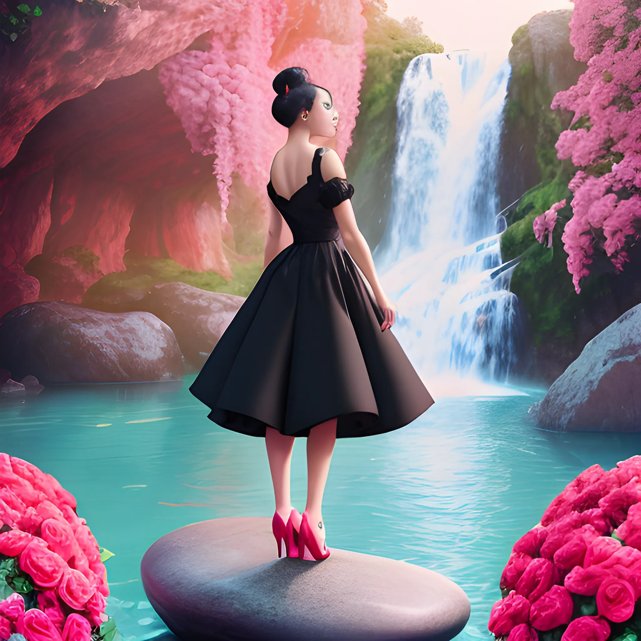 Very beautiful woman, black hair, bun hair, sexy red 
dress, standing on big stone, pink roses, light blue and pink, romanticism, high detail, 8K resolution, ultra high definition picture, waterfall background