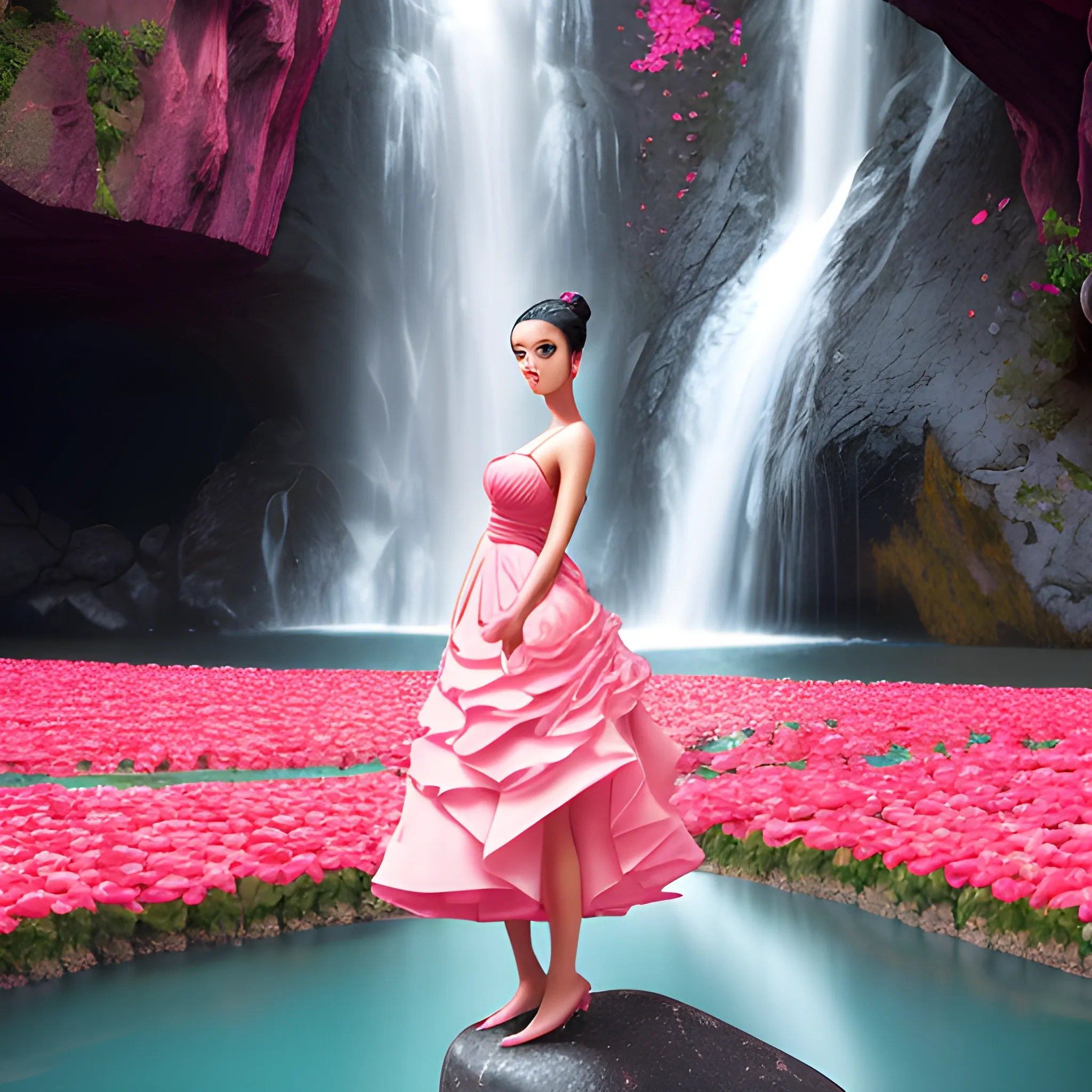 Very beautiful woman, black hair, bun hair, sexy red 
dress, standing on big stone, pink roses, light blue and pink, romanticism, high detail, 8K resolution, ultra high definition picture, waterfall background