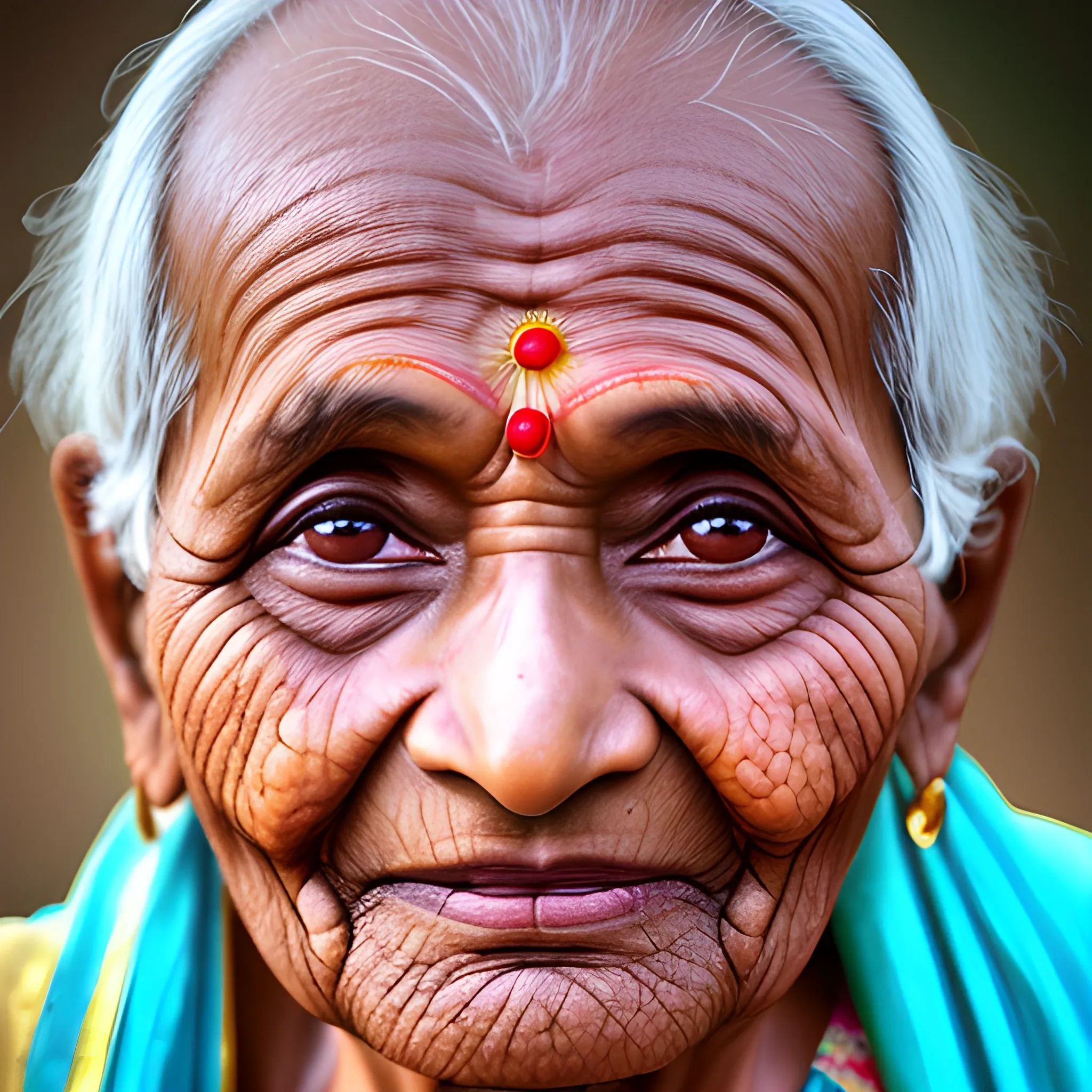 Realistic photo of a beautiful Grandmother from India with wrinkles on her face 