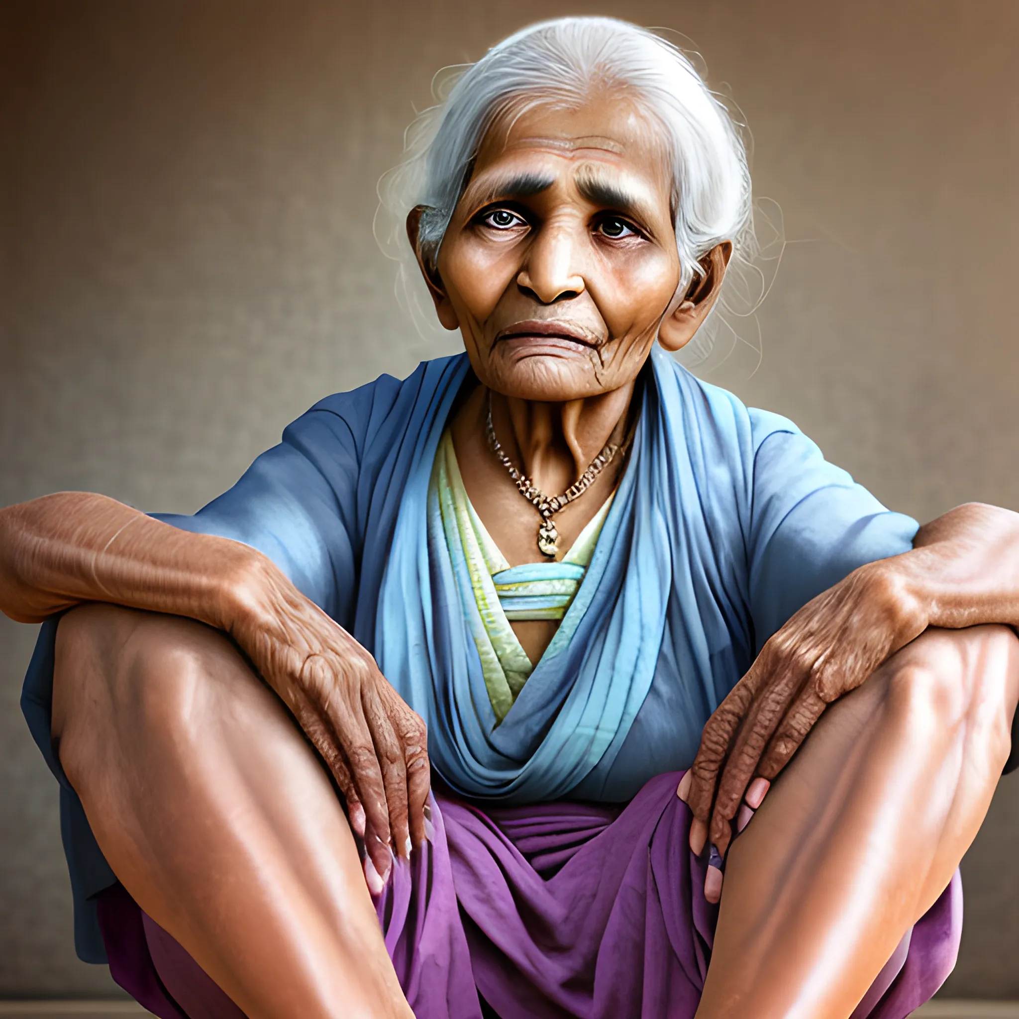 Realistic photo of a beautiful Grandmother sitting from India with wrinkles on her face, hands and legs