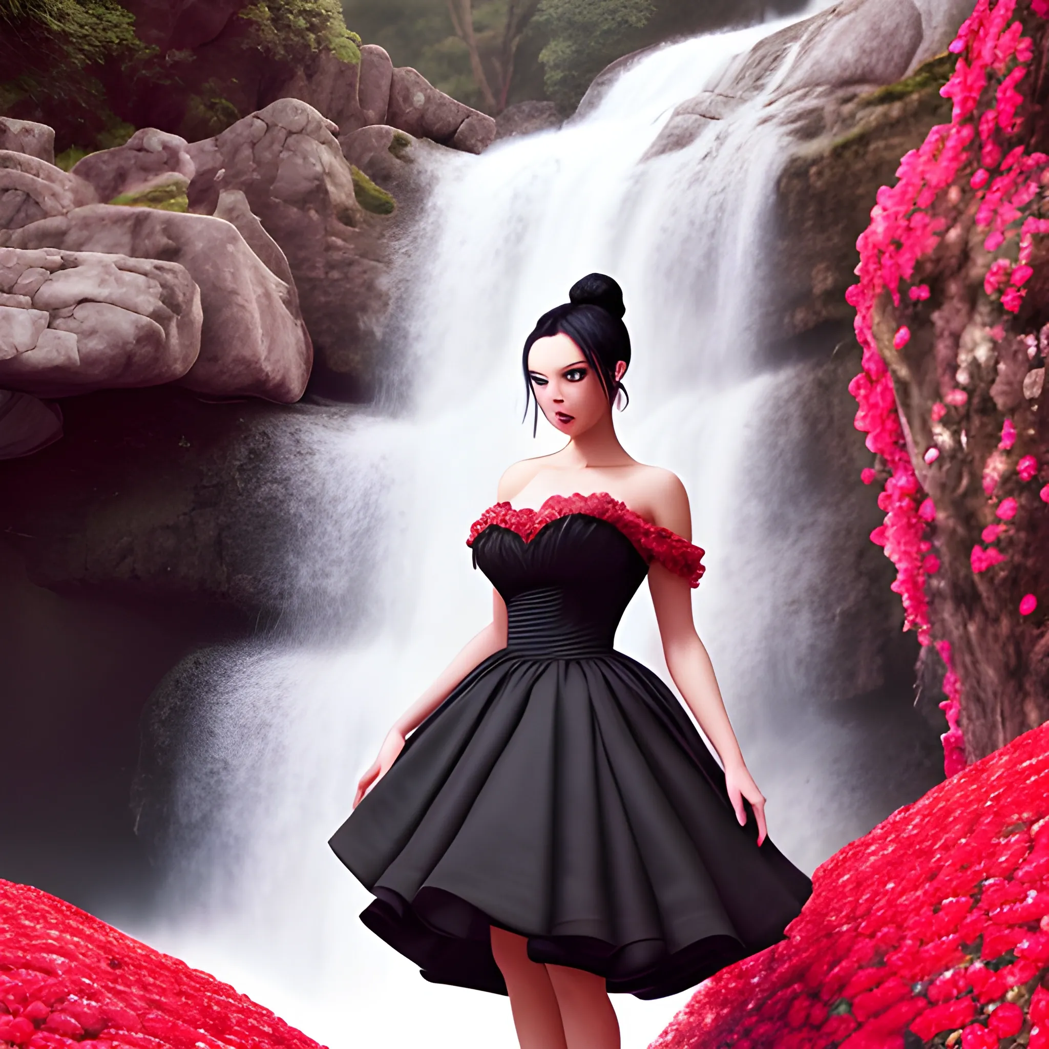 Very beautiful woman, black hair, bun hair, sexy red 
dress, standing on big stone, pink roses, romanticism, high detail, 8K resolution, ultra high definition picture, waterfall background