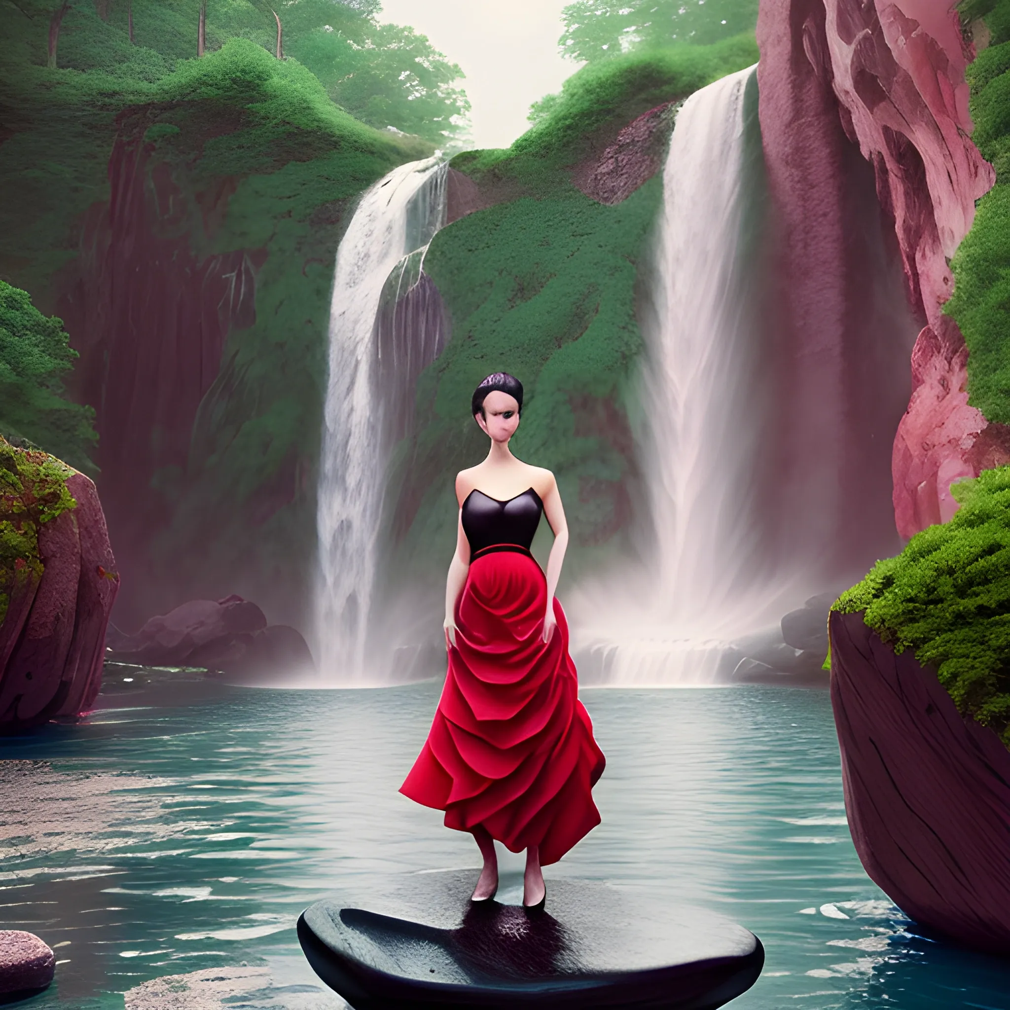 Very beautiful woman, black hair, bun hair, sexy red 
dress, standing on big stone, pink roses, romanticism, high detail, 8K resolution, ultra high definition picture, 1 waterfall background