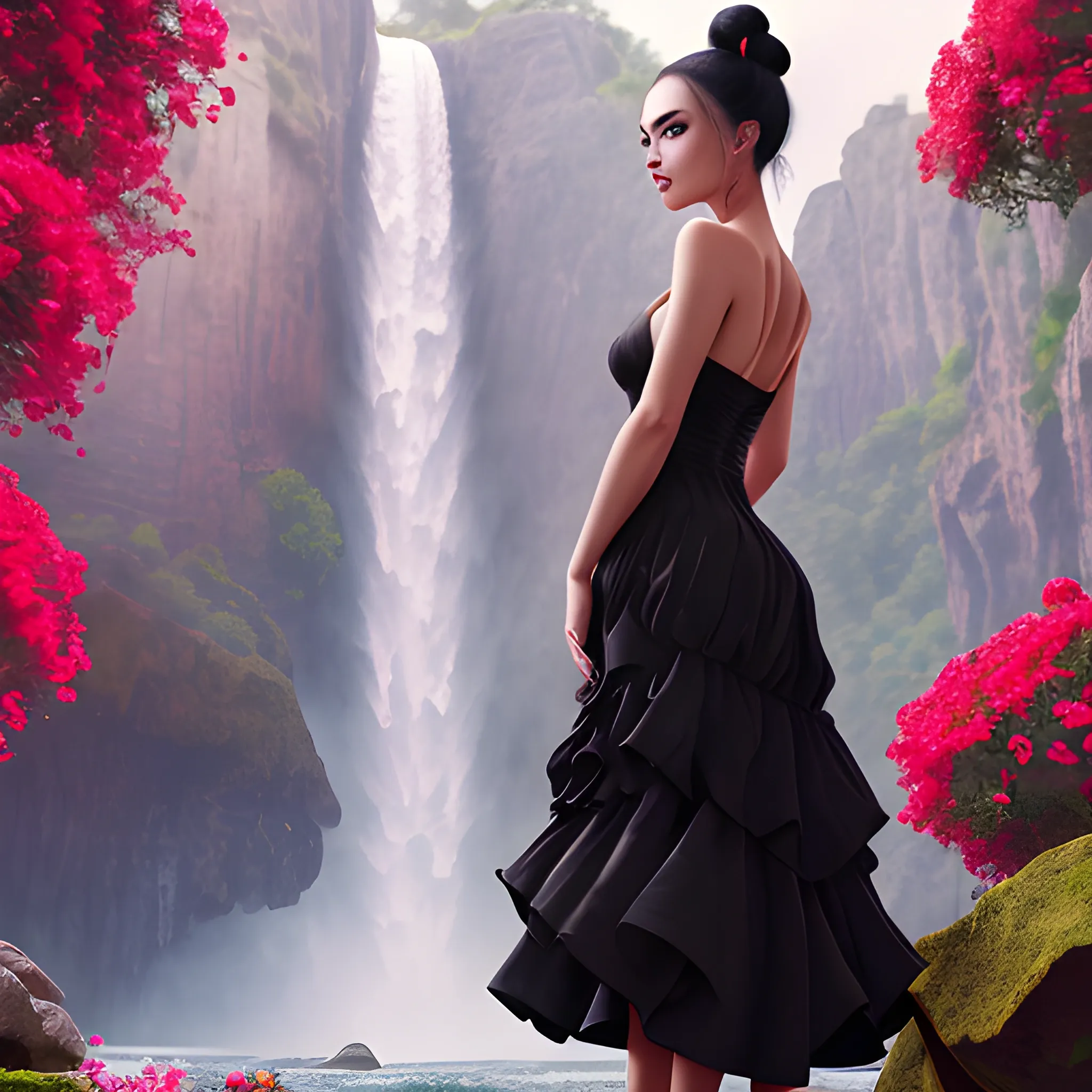 Very beautiful woman, black hair, bun hair, sexy red 
dress, standing on big stone, pink roses, romanticism, high detail, 8K resolution, ultra high definition picture, 1 waterfall background