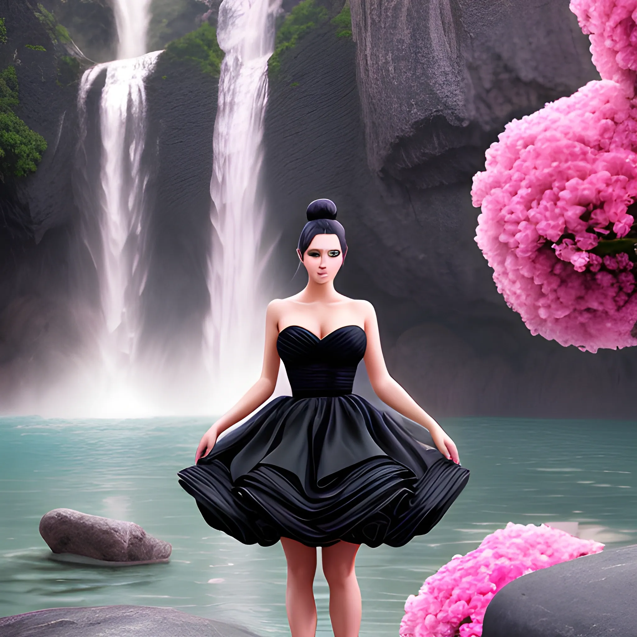 Very beautiful woman, black hair, bun hair, sexy pink 
dress, standing on big stone, pink roses, romanticism, high detail, 8K resolution, ultra high definition picture, 1 waterfall background