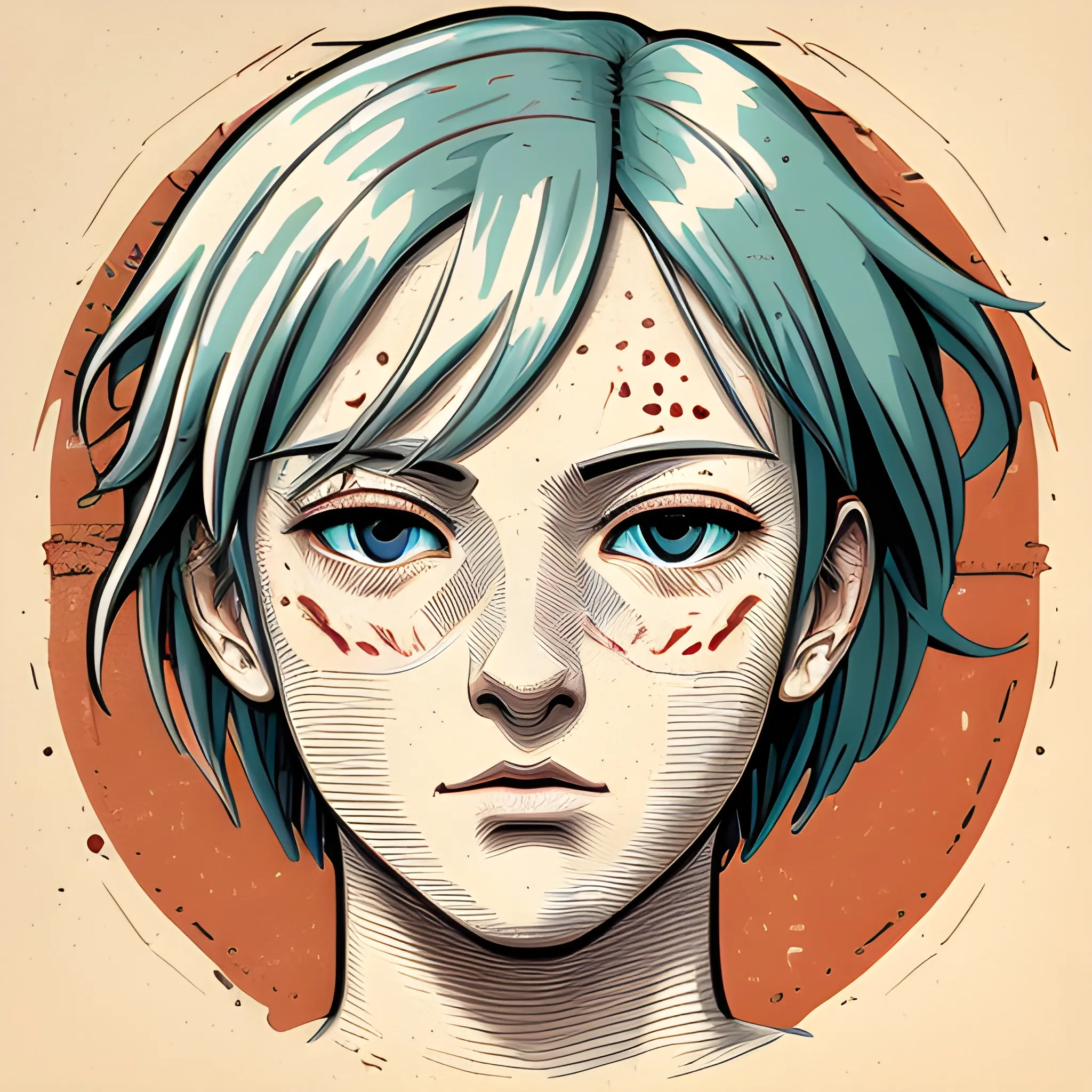 A detailed drawing, human face ,  extreme close up shot, anime, flat design, colorful shades, highly detailed, clean, vector image, flat white background, vibrant, vector, vintage, rustic, distressed texture, faded colors, line art, engraving style, background white, no shadows, 16k, focus, deviant art masterpiece. proportional. 