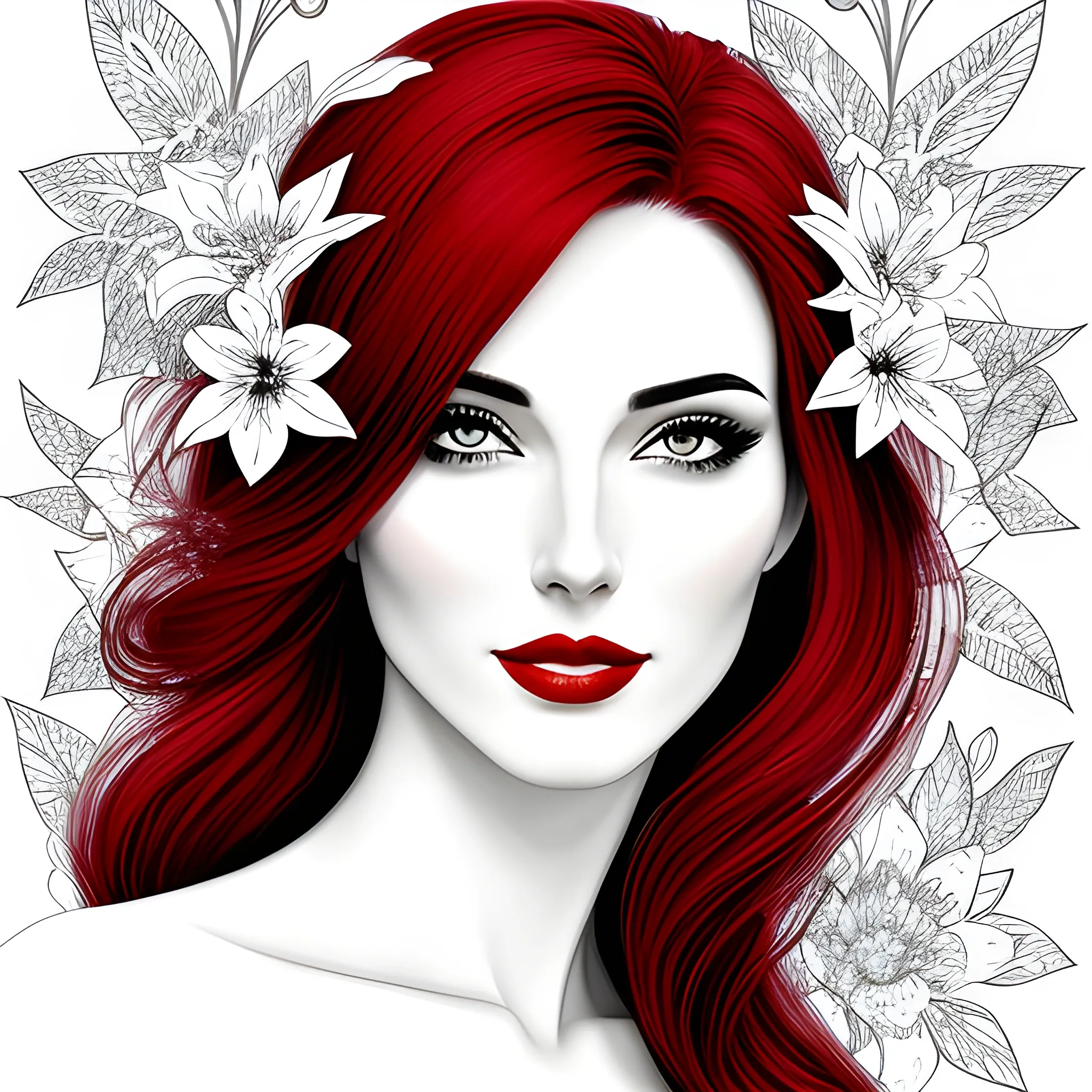 Beautiful girl, digitally drawn poster, black and white portrait, delicate flowers, only red hair, realism, ultra high definition image