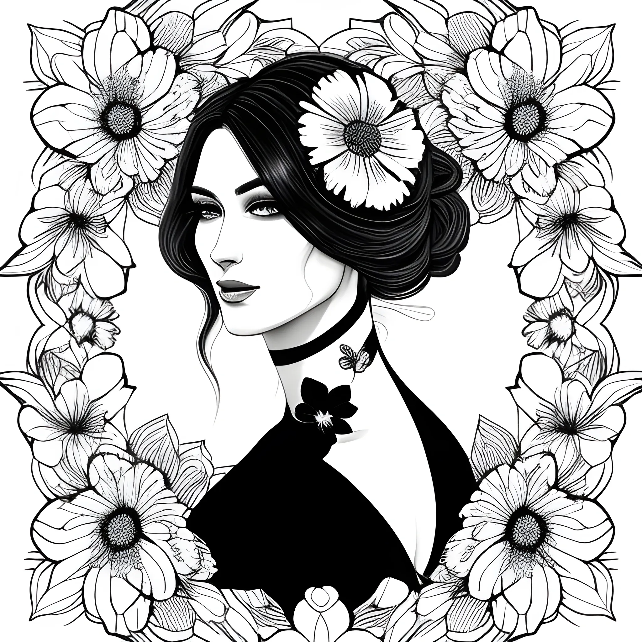 Beautiful girl, digitally drawn poster, black and white portrait, delicate flowers, only hair and flowers colored, realism, ultra high definition image