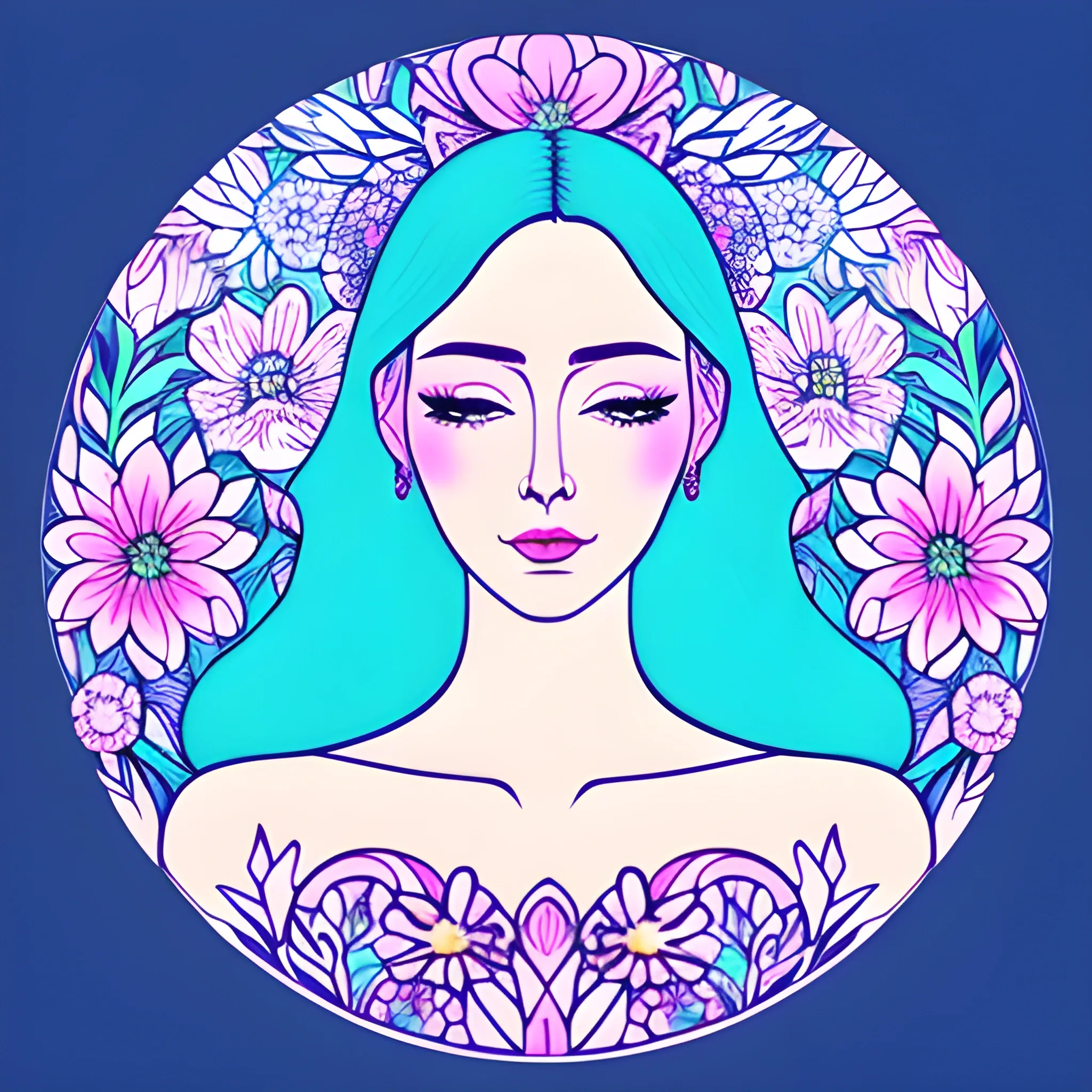 Beautiful girl, digitally drawn poster, pastel colors, simple outline style, portrait, delicate flowers, blue landscape scene with surreal style, realism, ultra high definition image