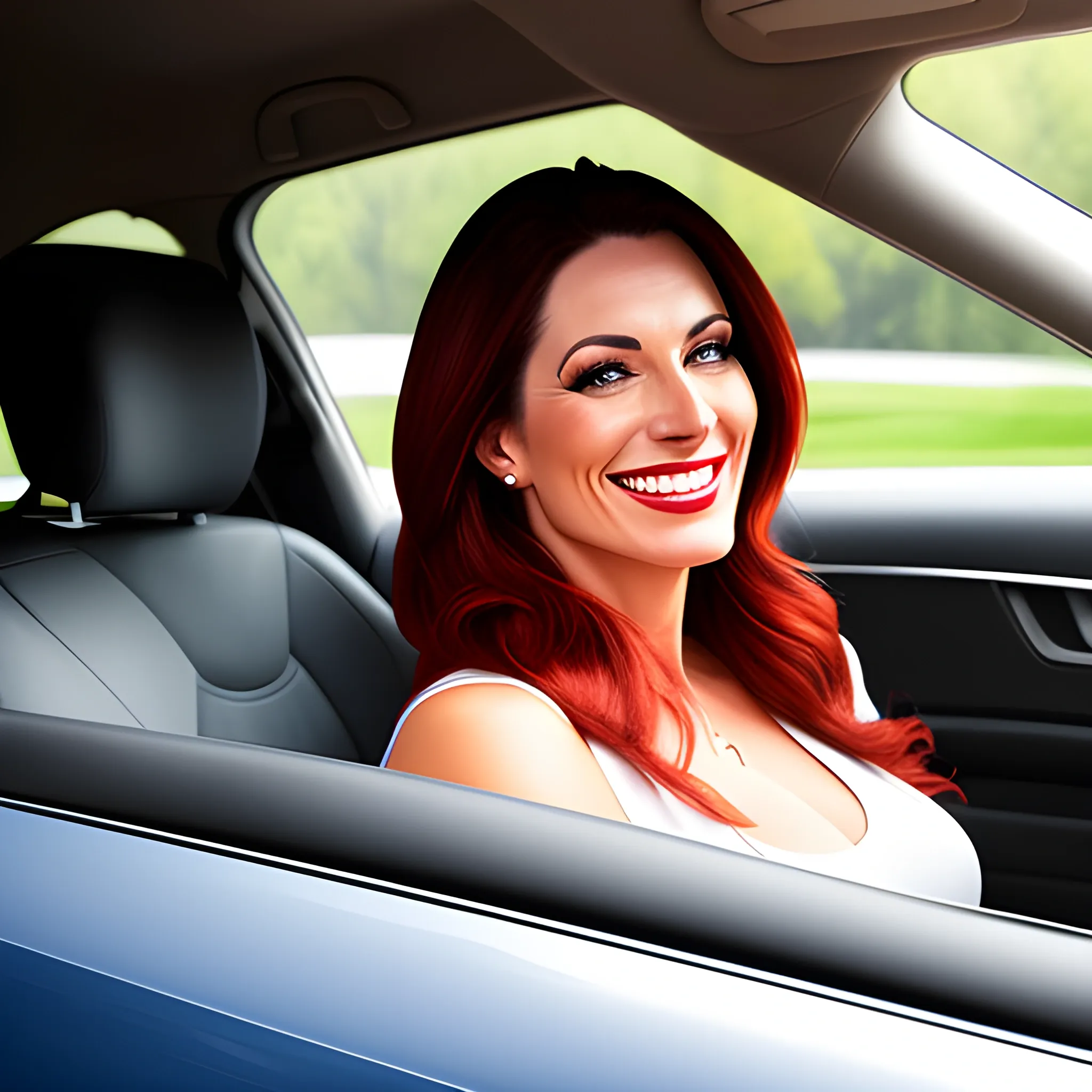 a woman sitting in a car smiling for the camera, a stock photo by David G. Sorensen, featured on shutterstock, american barbizon school, stock photo, creative commons attribution, stockphoto, Oil Painting